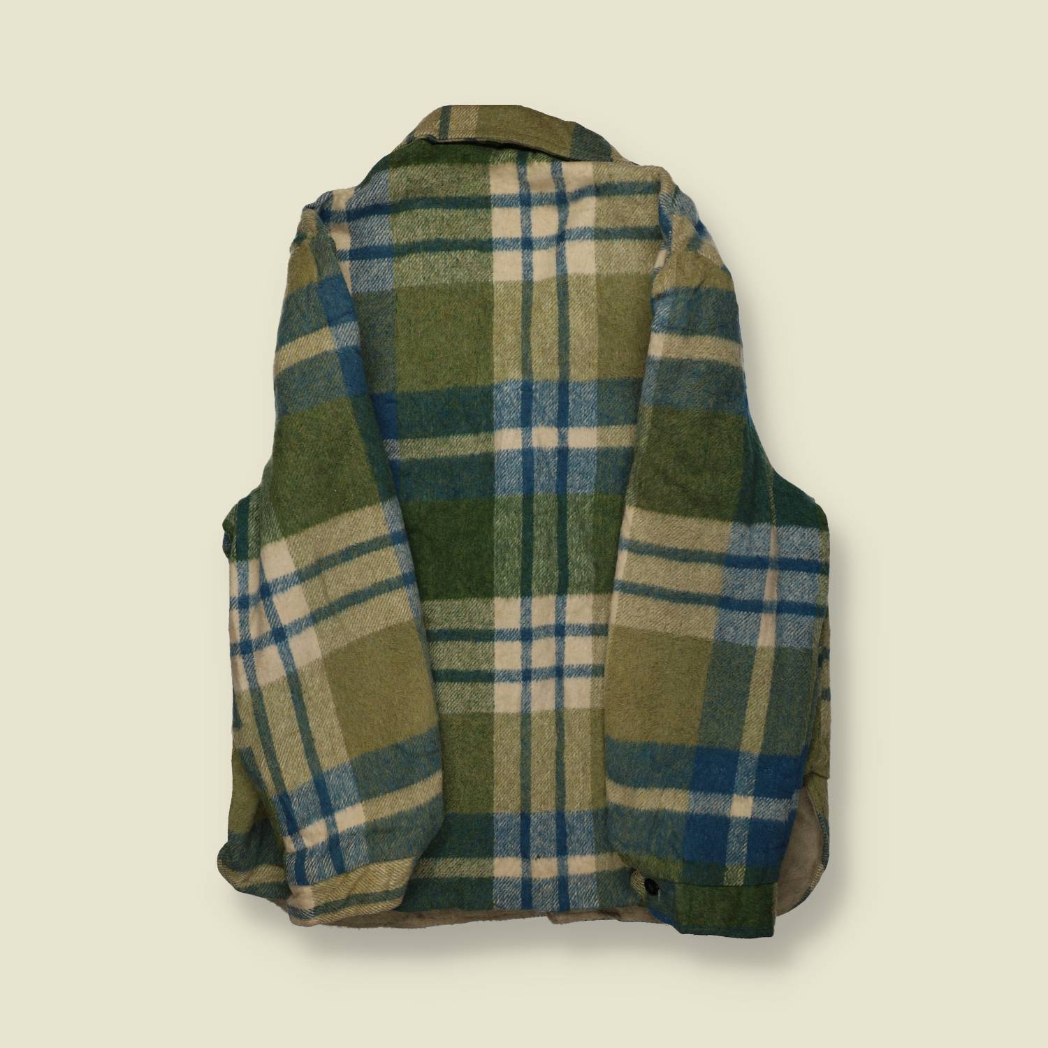 1960s | Teddy Lined | Wool Teddy-Lined Shirt Jacket – Green/Blue Plaid - M