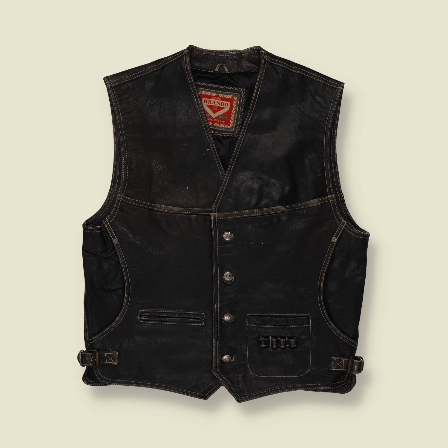 1980s | Brando | Made In England Leather Gilet | Black - M