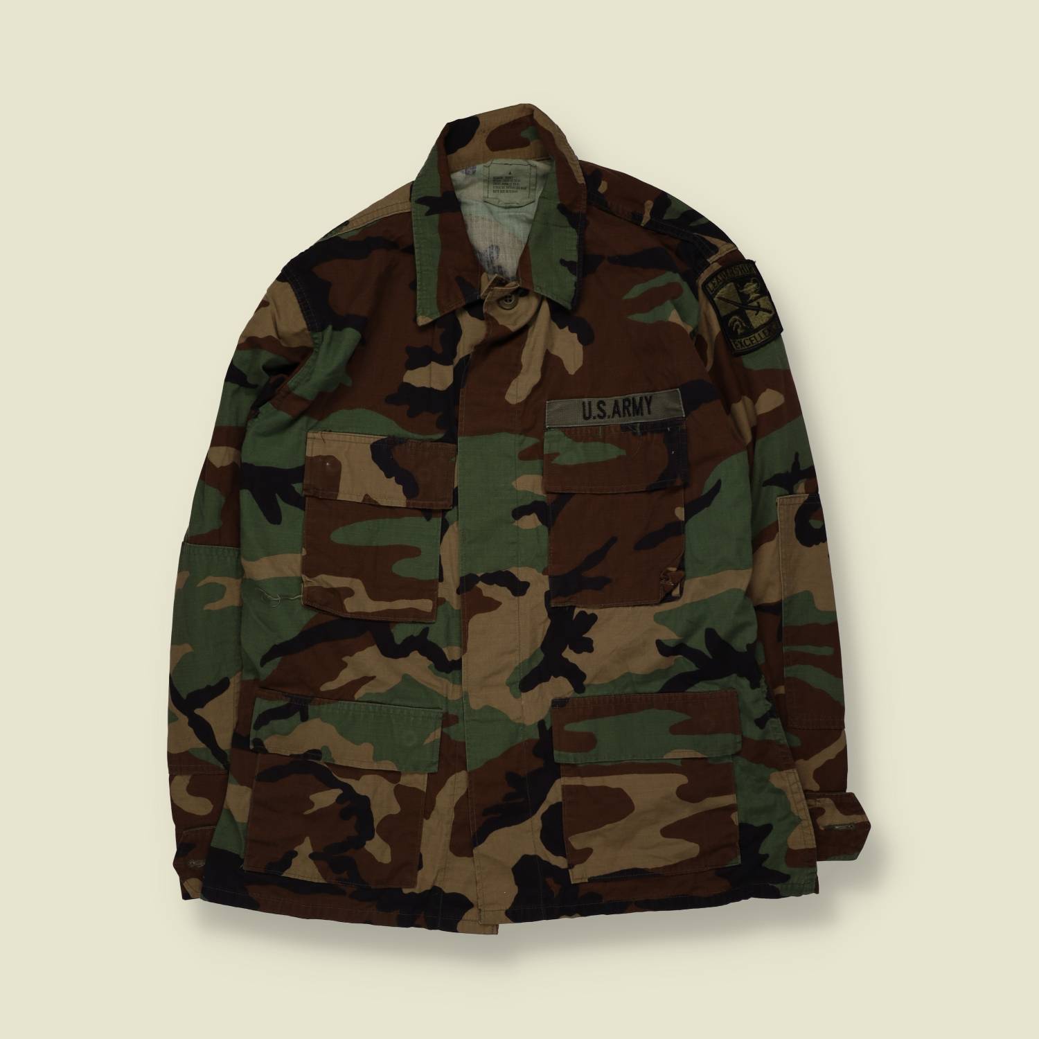 1980s–1990s | U.S. Army | Woodland Camouflage BDU Combat Shirt - S