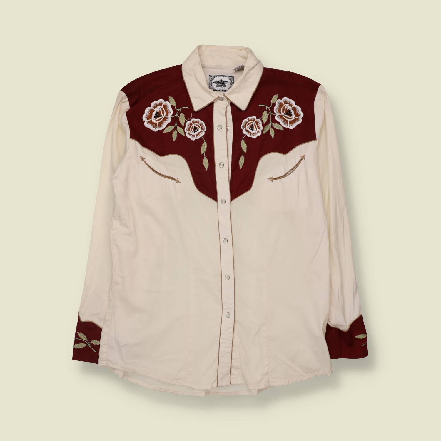 1990s | Stars And Stripes | Western Shirt | Cream And Burgundy - L