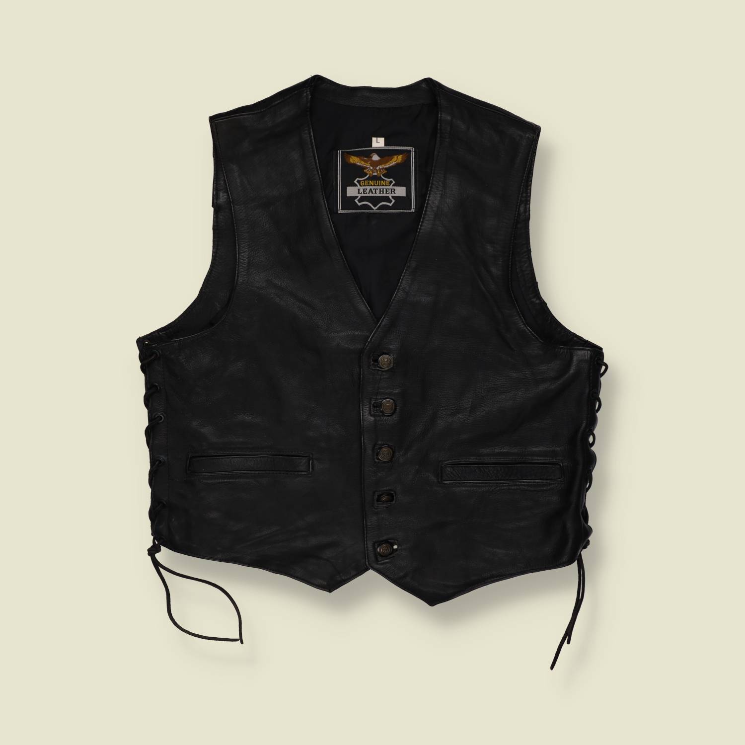 1980s | Genuine Leather | Heavy Leather Gilet | Black - L