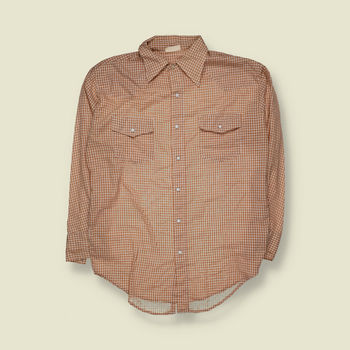 1970s | Gingham Check Western Shirt | Tan & White - XL