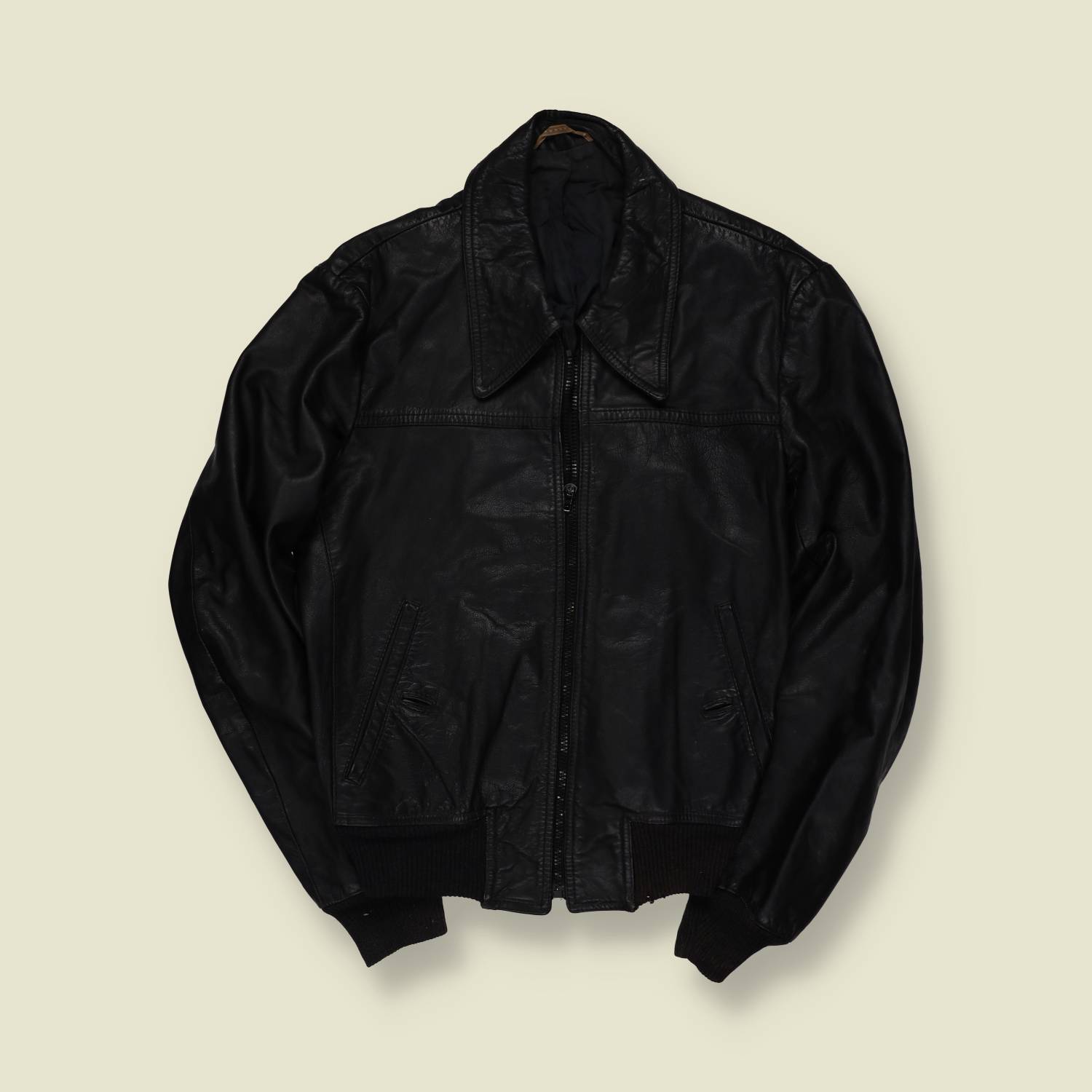1970s | Black Leather Zip Front Bomber Jacket - XS