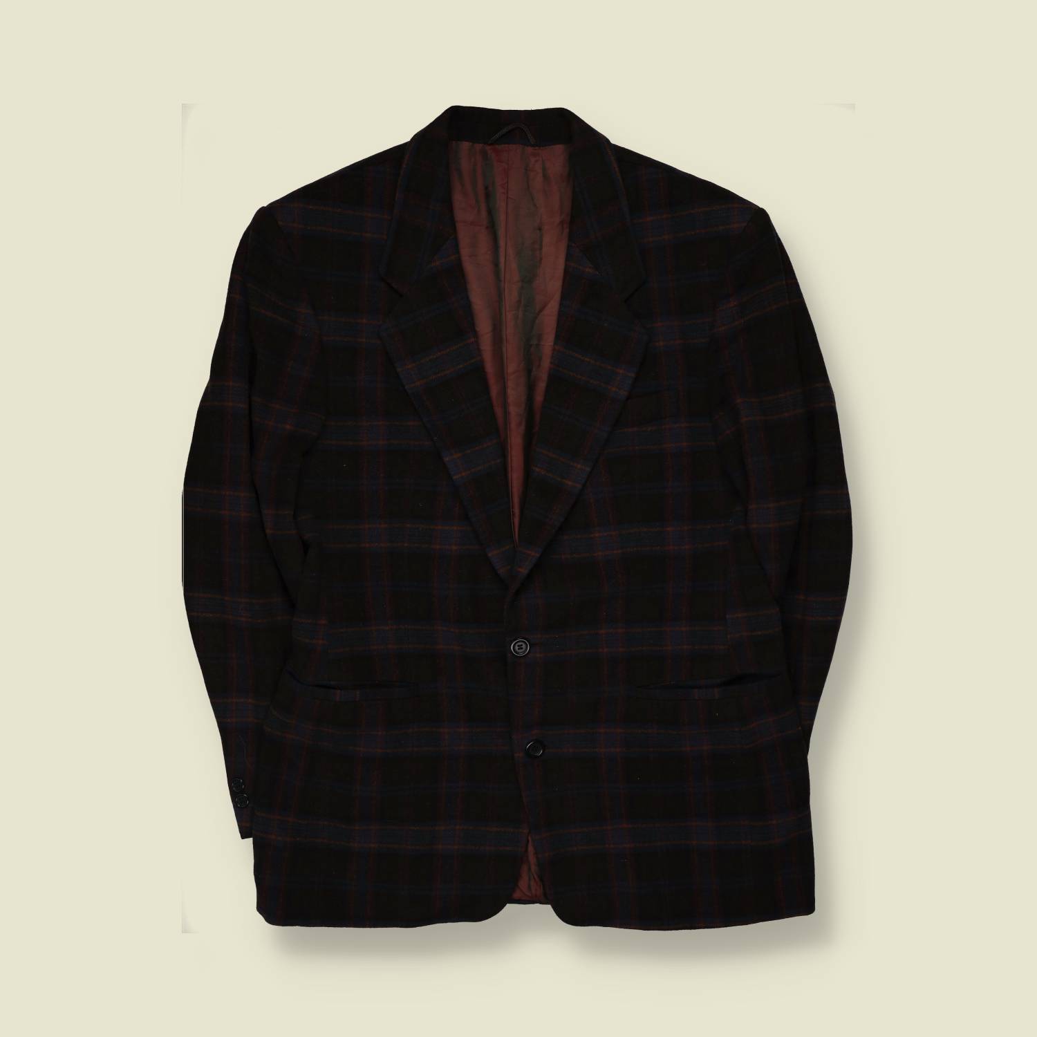 1980s | Navy & Burgundy Plaid Two-Button Blazer - L