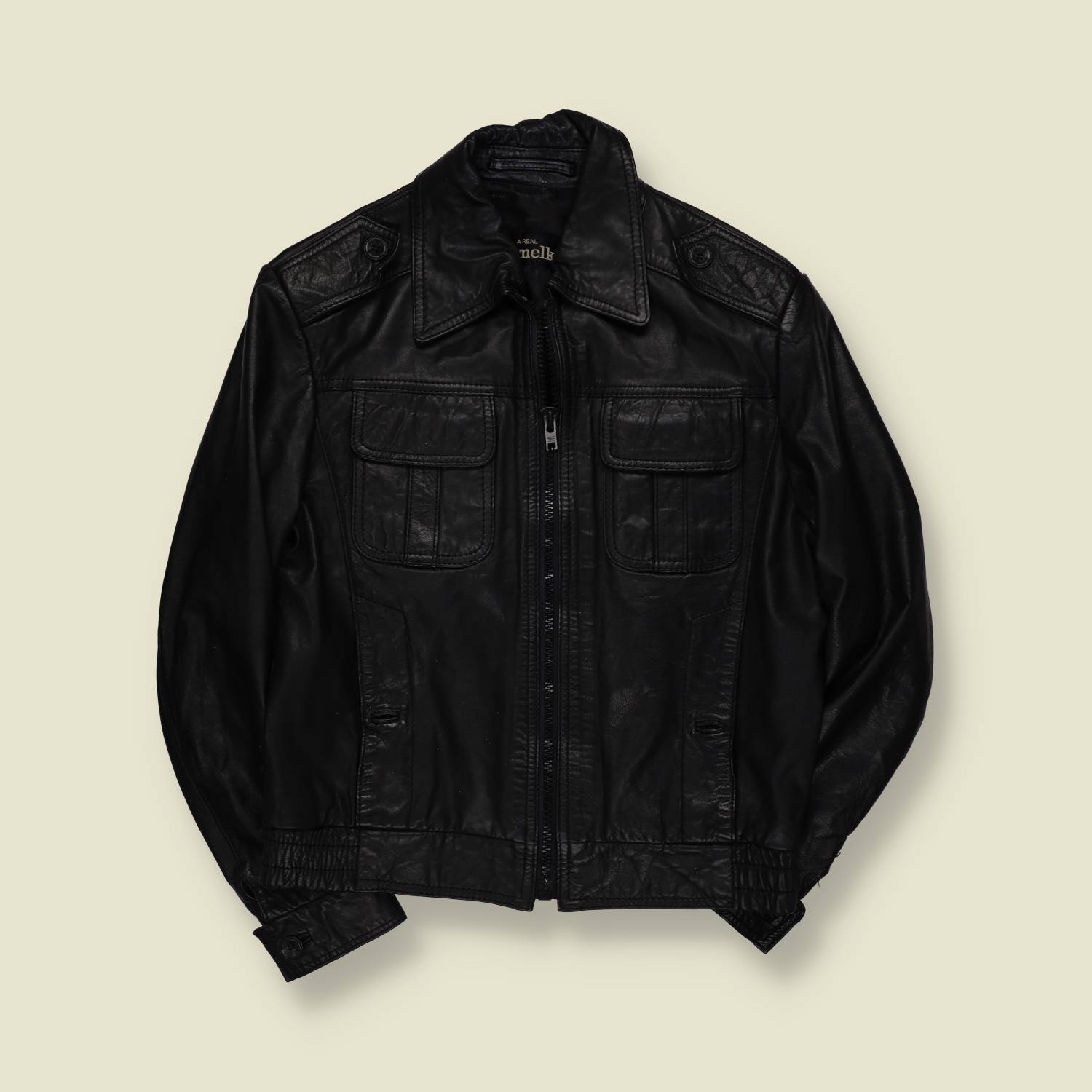1970s | Melka | Black Leather Zip Front Bomber Jacket - S