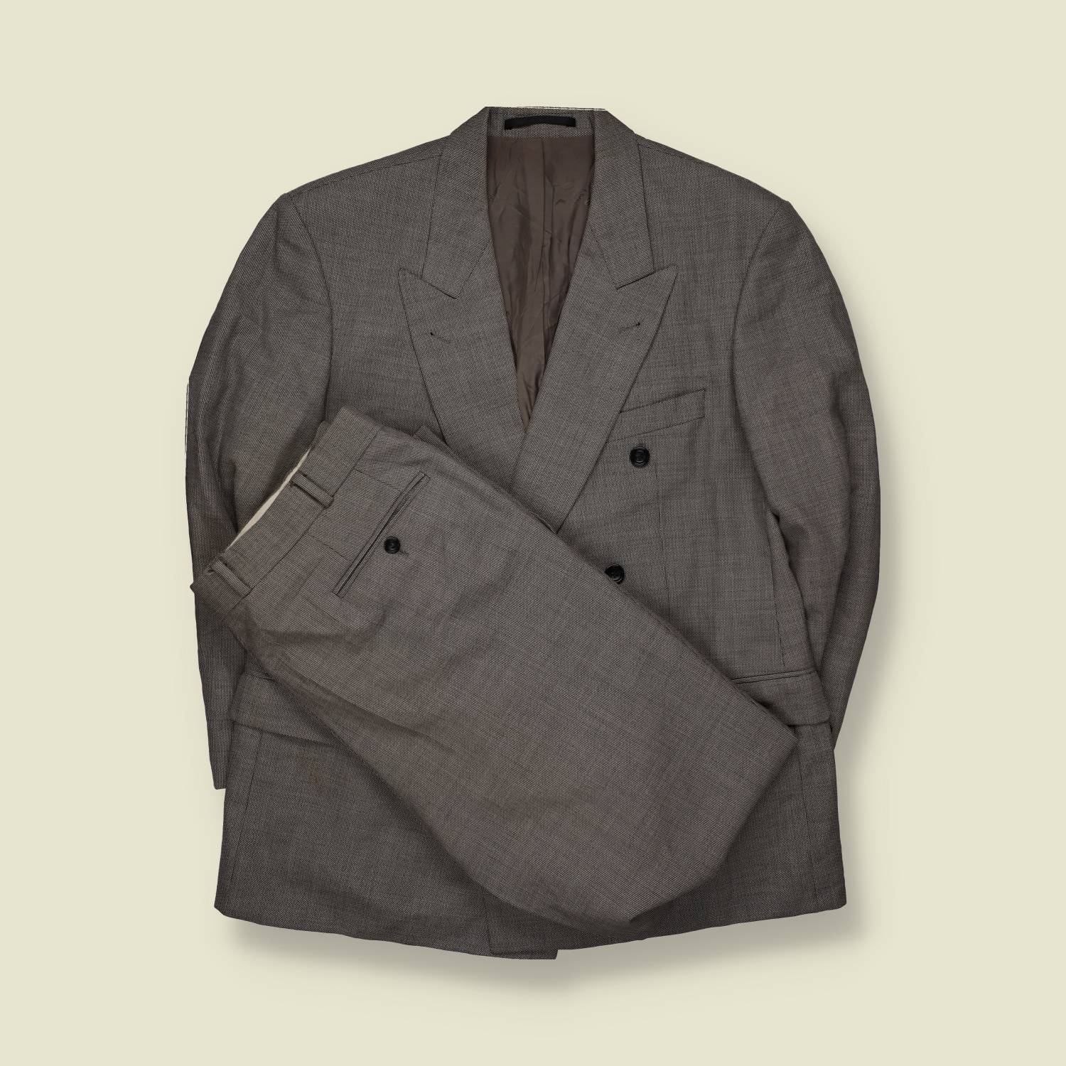 1980s | Guy Laroche | Brown Birdseye Double Breasted Two-Piece Suit - XL