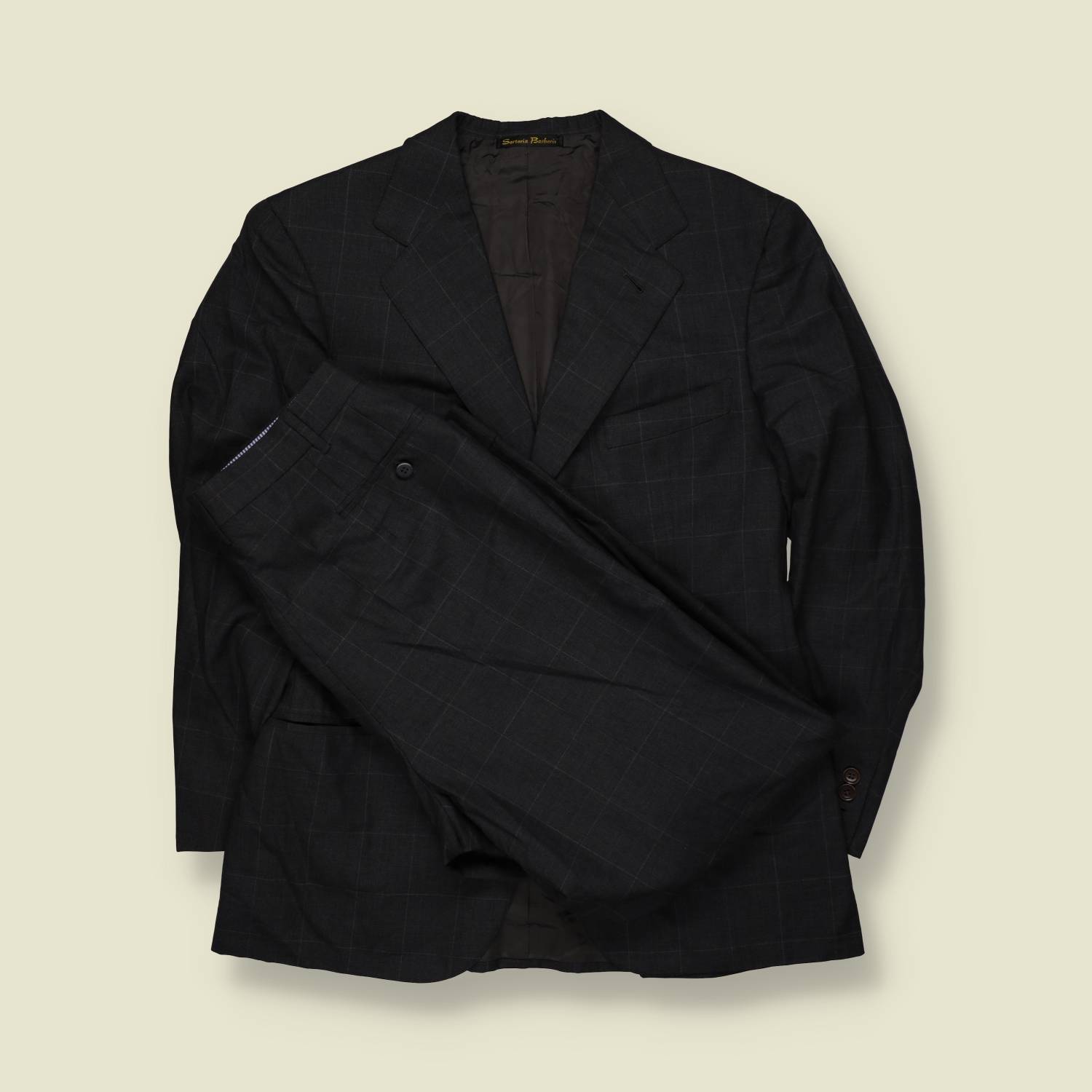 1990s | Sartoria Barberis | Dark Navy Windowpane Check Single Breasted Two-Piece Suit - S