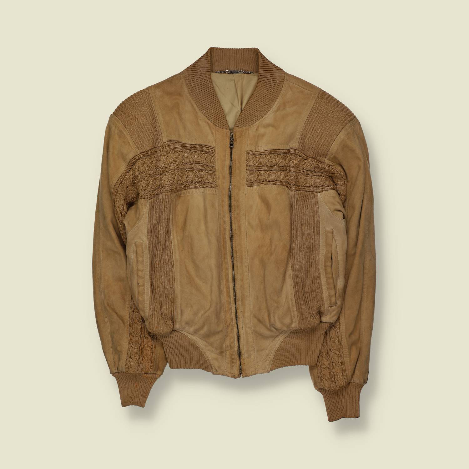 1980s | Brecos | Tan Suede & Cable Knit Bomber Jacket - XS