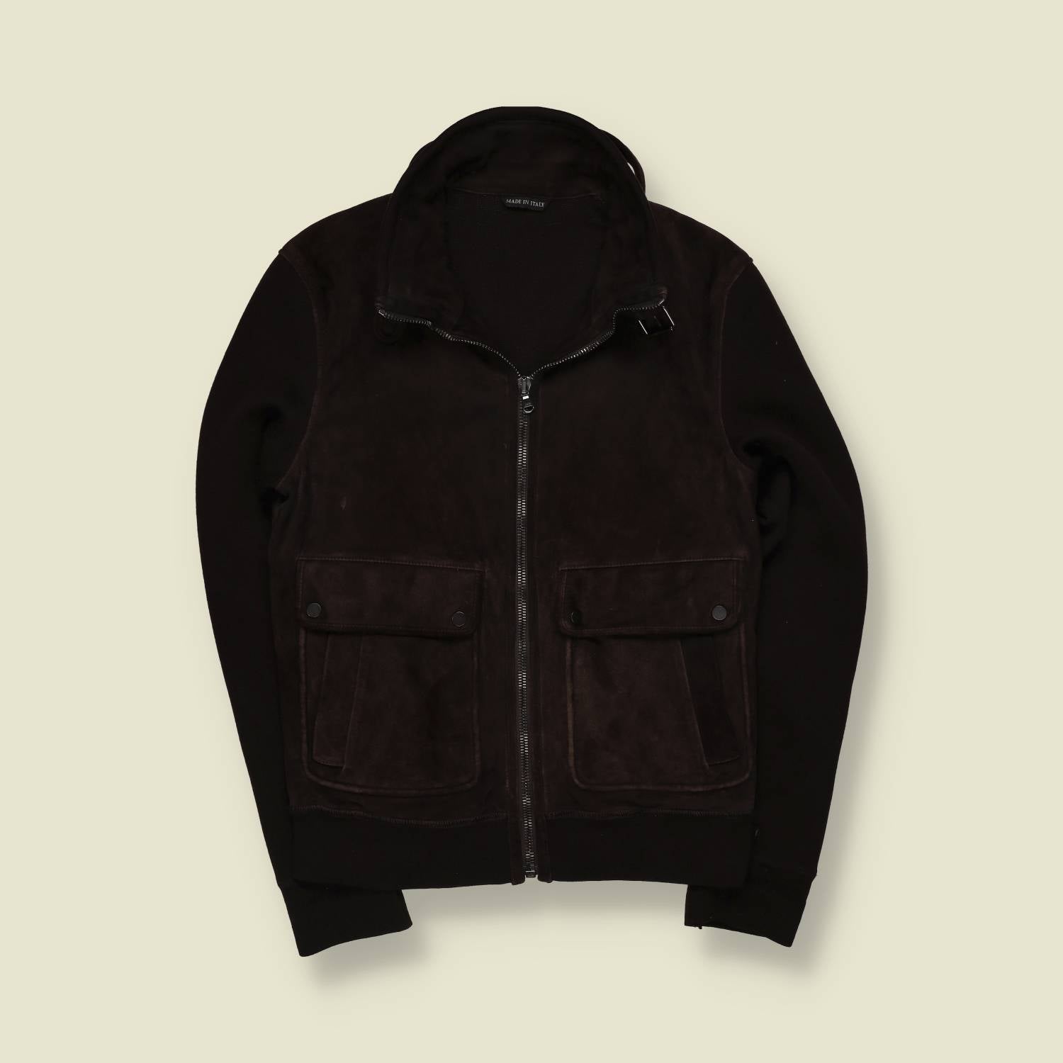 1990s | Dark Brown Suede & Knit Funnel-Neck Jacket - Made in Italy - XS