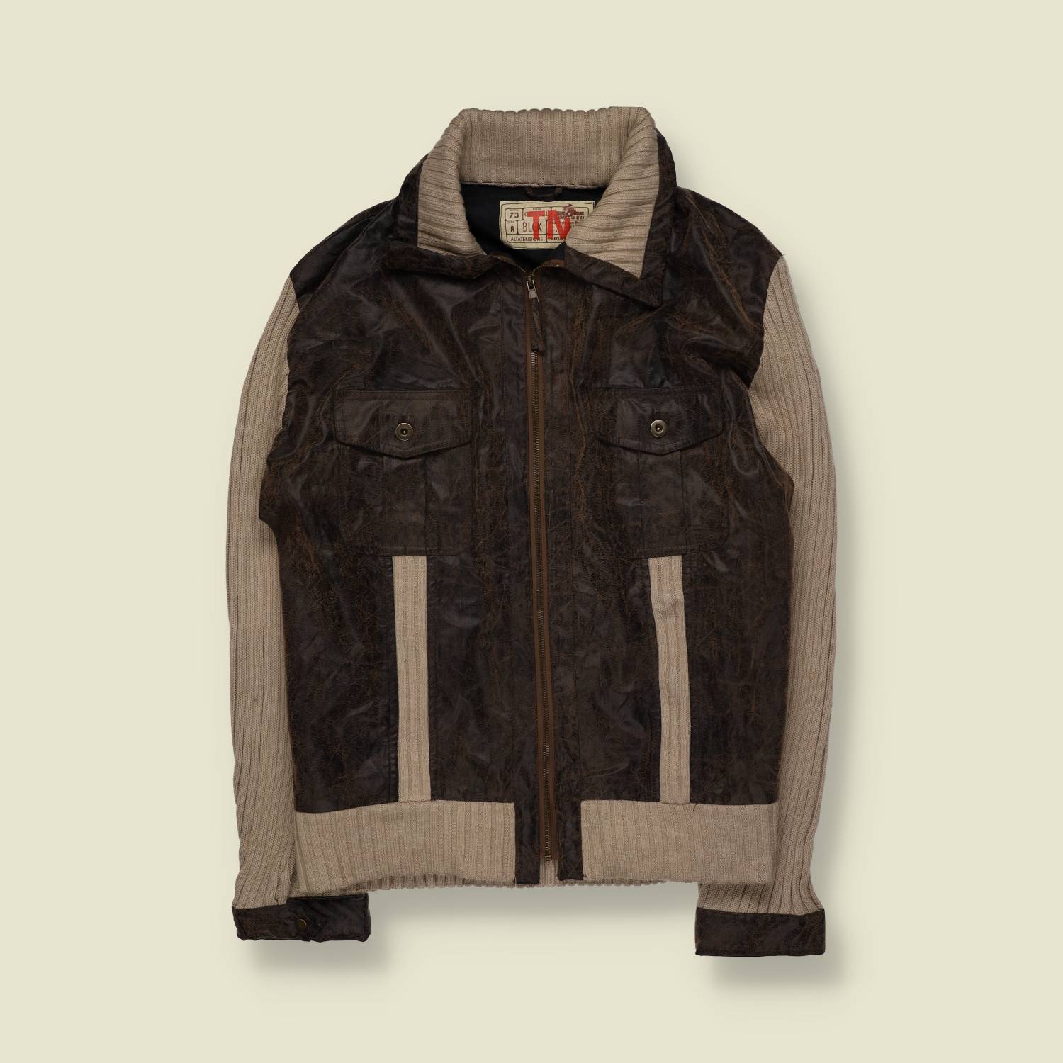 1990s | TN | Dark Brown Textured Leather & Knit Jacket - XL