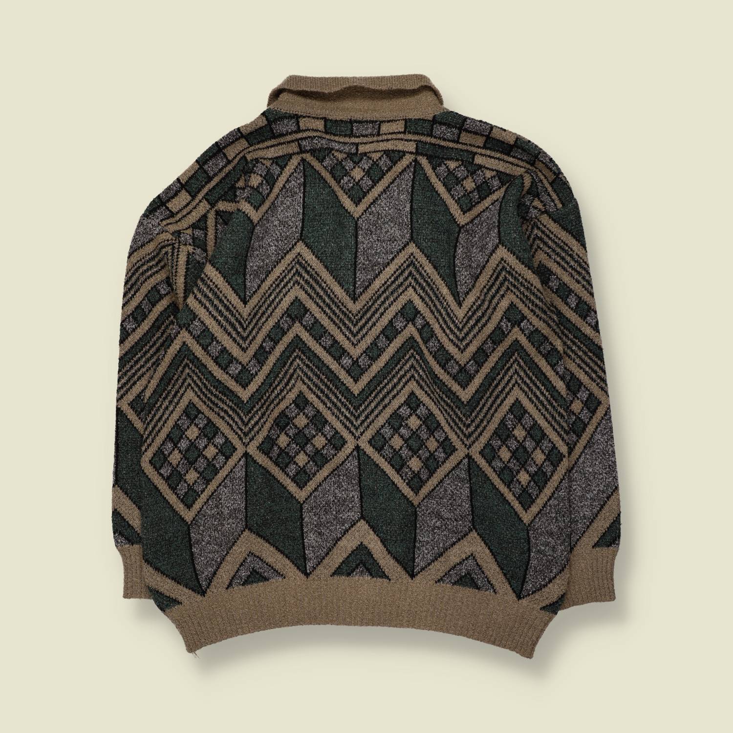 1980s | Geometric Patterned Jumper | Green/Beige - XL