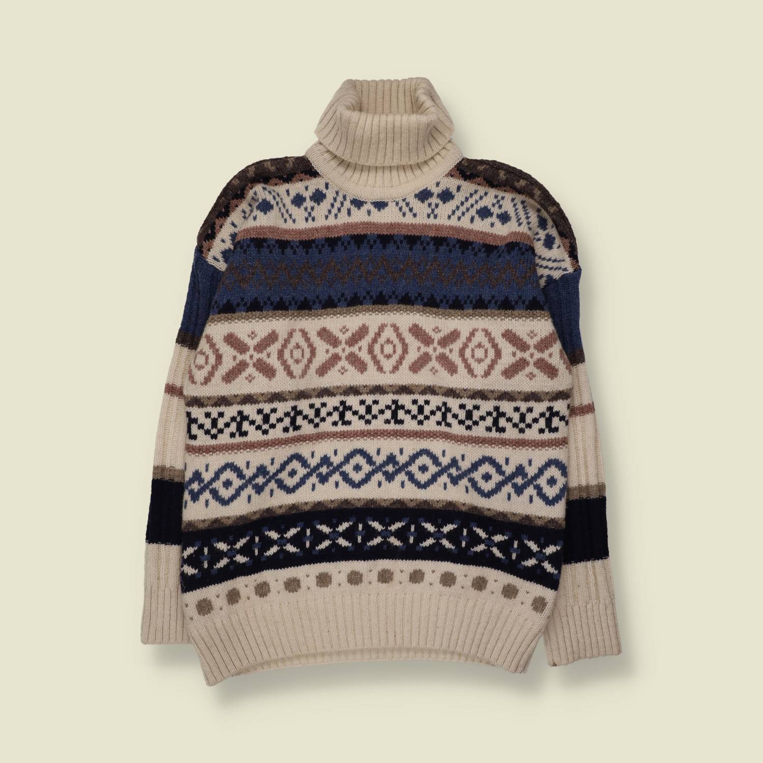 1980s | Fair Isle Roll Neck Jumper | Cream/Blue - M