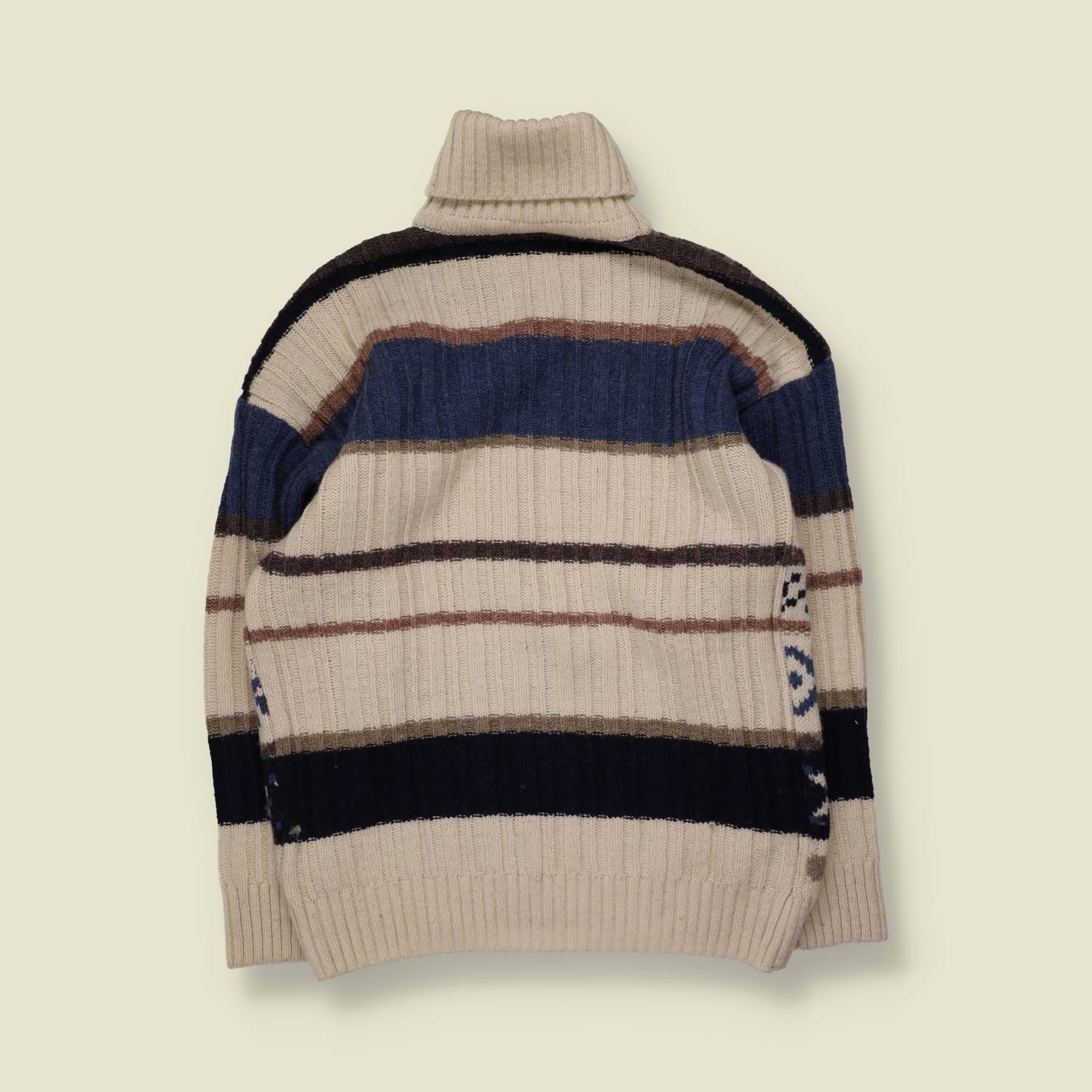 1980s | Fair Isle Roll Neck Jumper | Cream/Blue - M