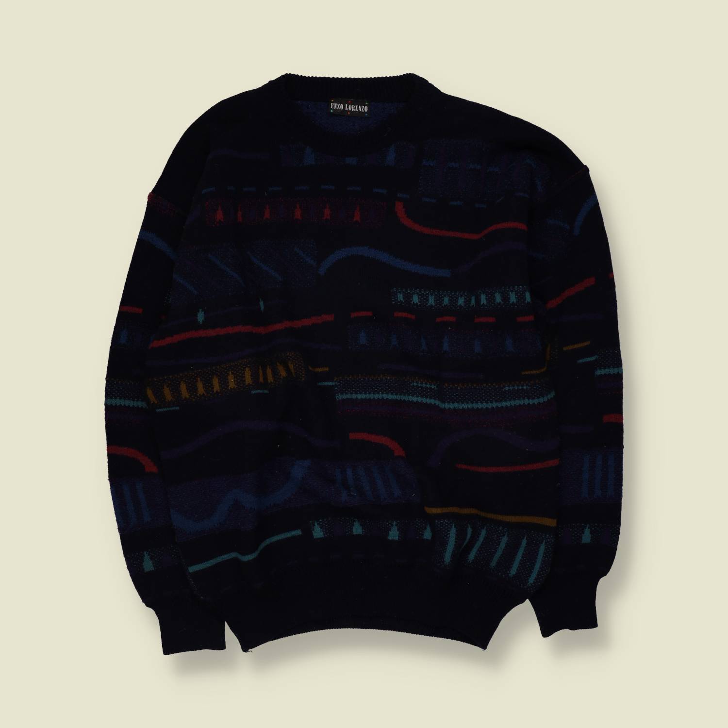 1980s | Enzo Lorenzo | Abstract Pattern Jumper | Navy Multi - XL