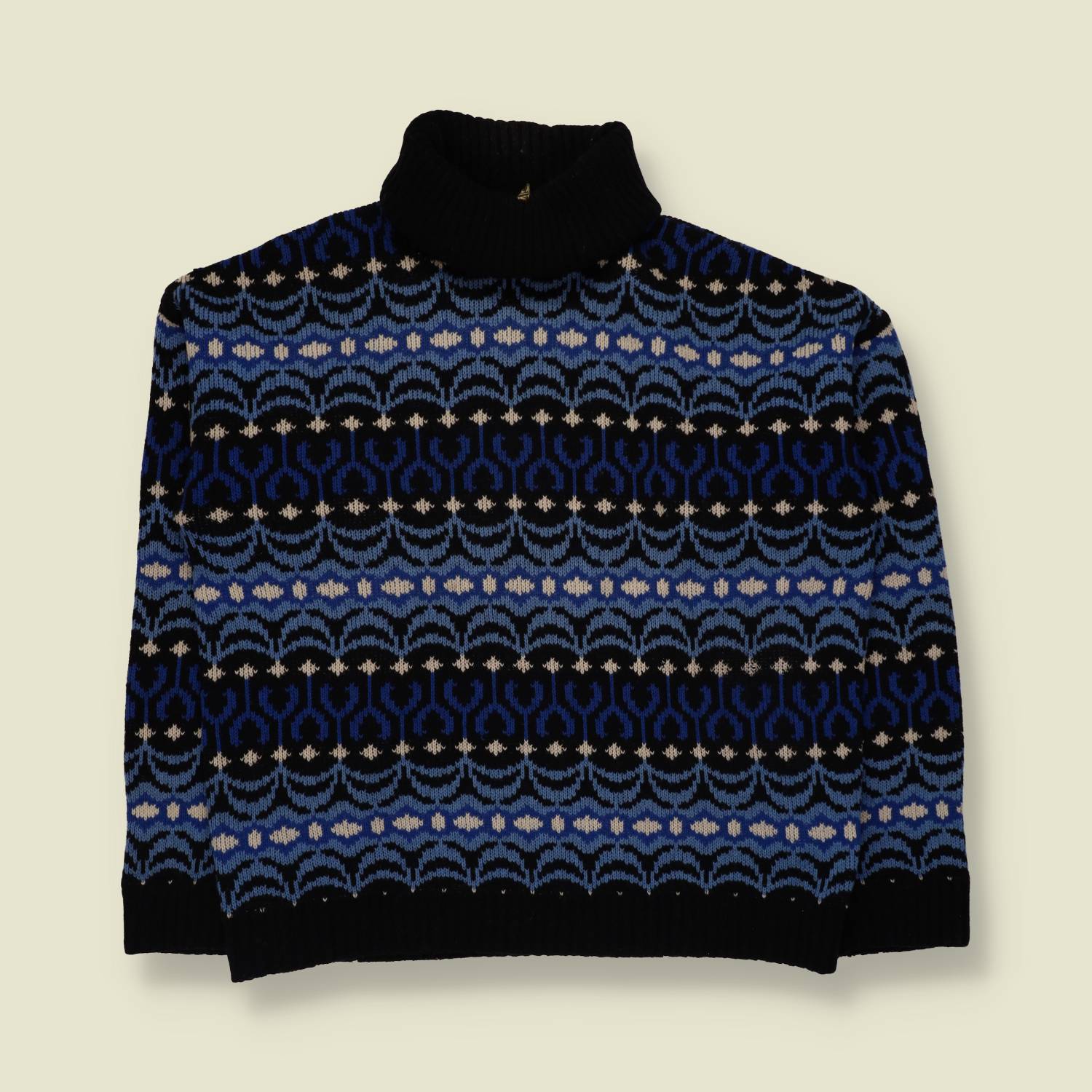 1980s | Fair Isle Roll Neck Jumper | Blue/Black - M