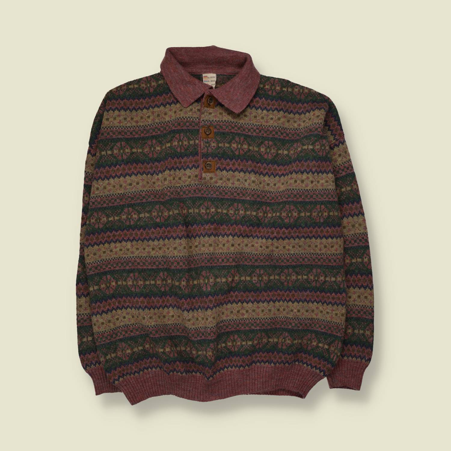 1980s | Fair Isle Polo Jumper | Green/Burgundy - 4XL