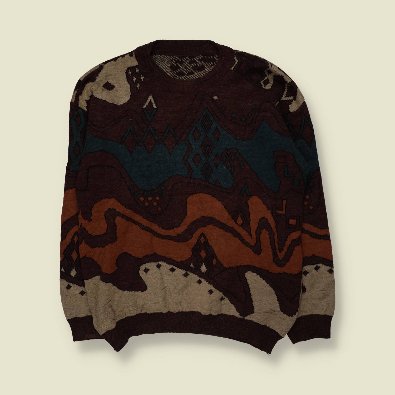1980s | Abstract Landscape Jumper | Brown/Teal - XL