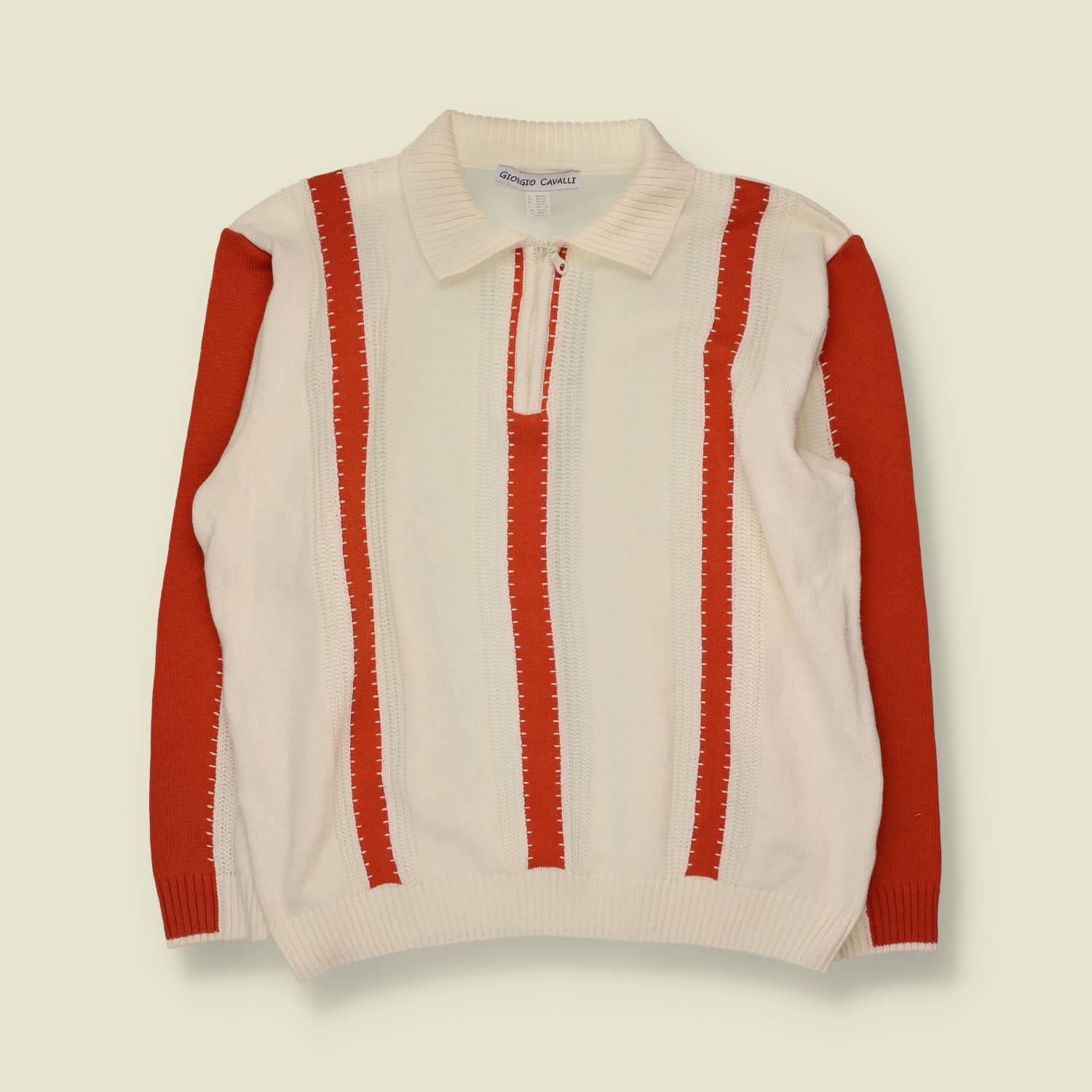 1980s | Giorgio Cavalli | Striped Polo Jumper | Cream/Rust - XXL