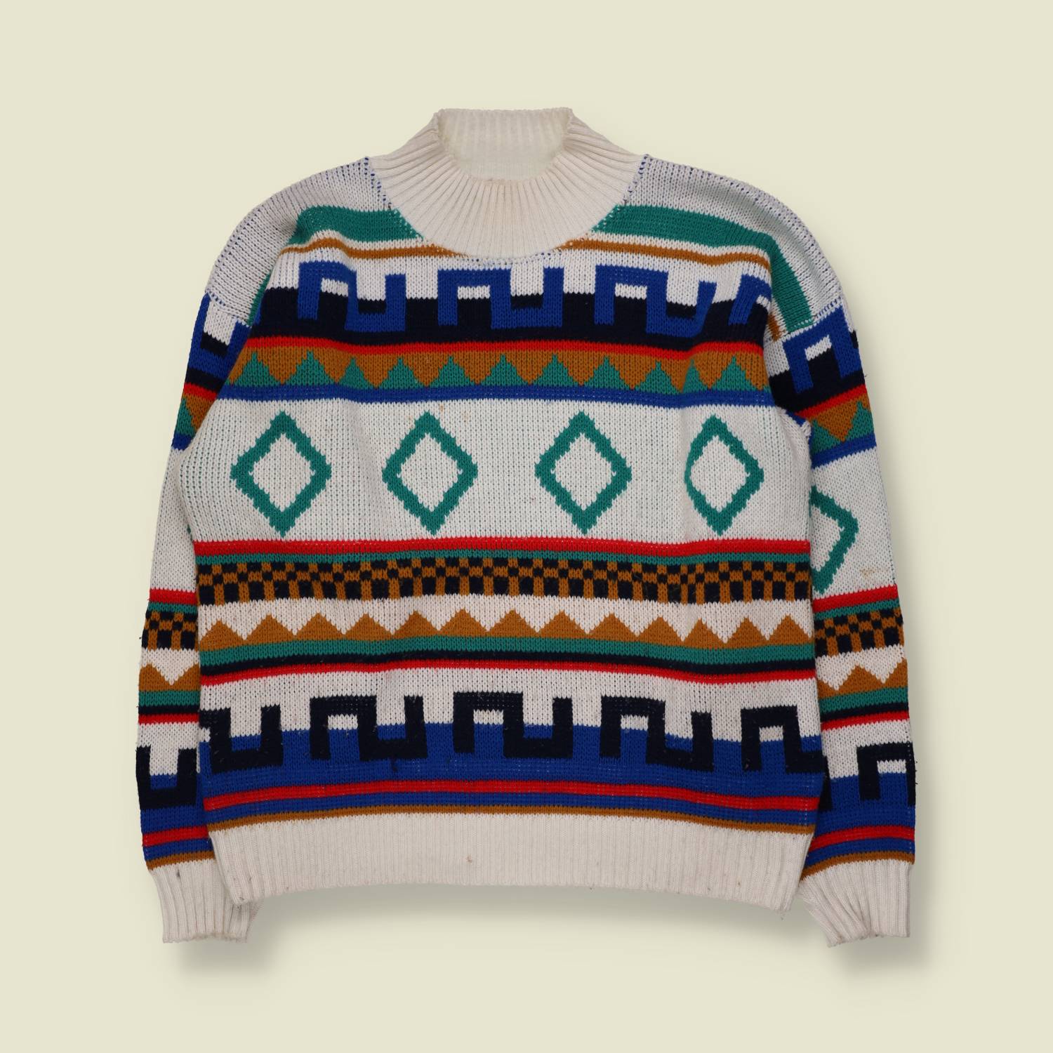 1980s | Aztec Pattern Jumper | Cream/Multi - L