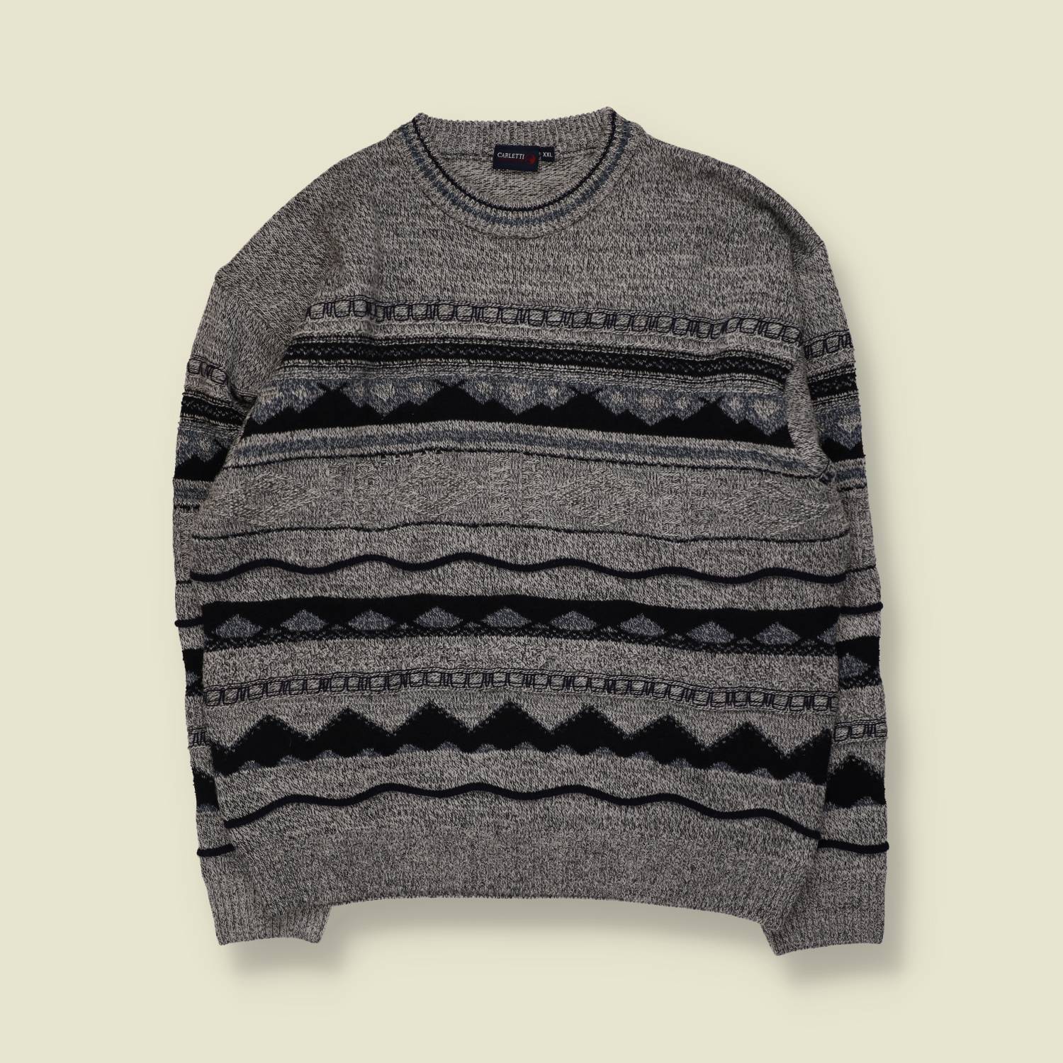 1980s | Carletti | Textured Pattern Jumper | Grey/Black - XXL