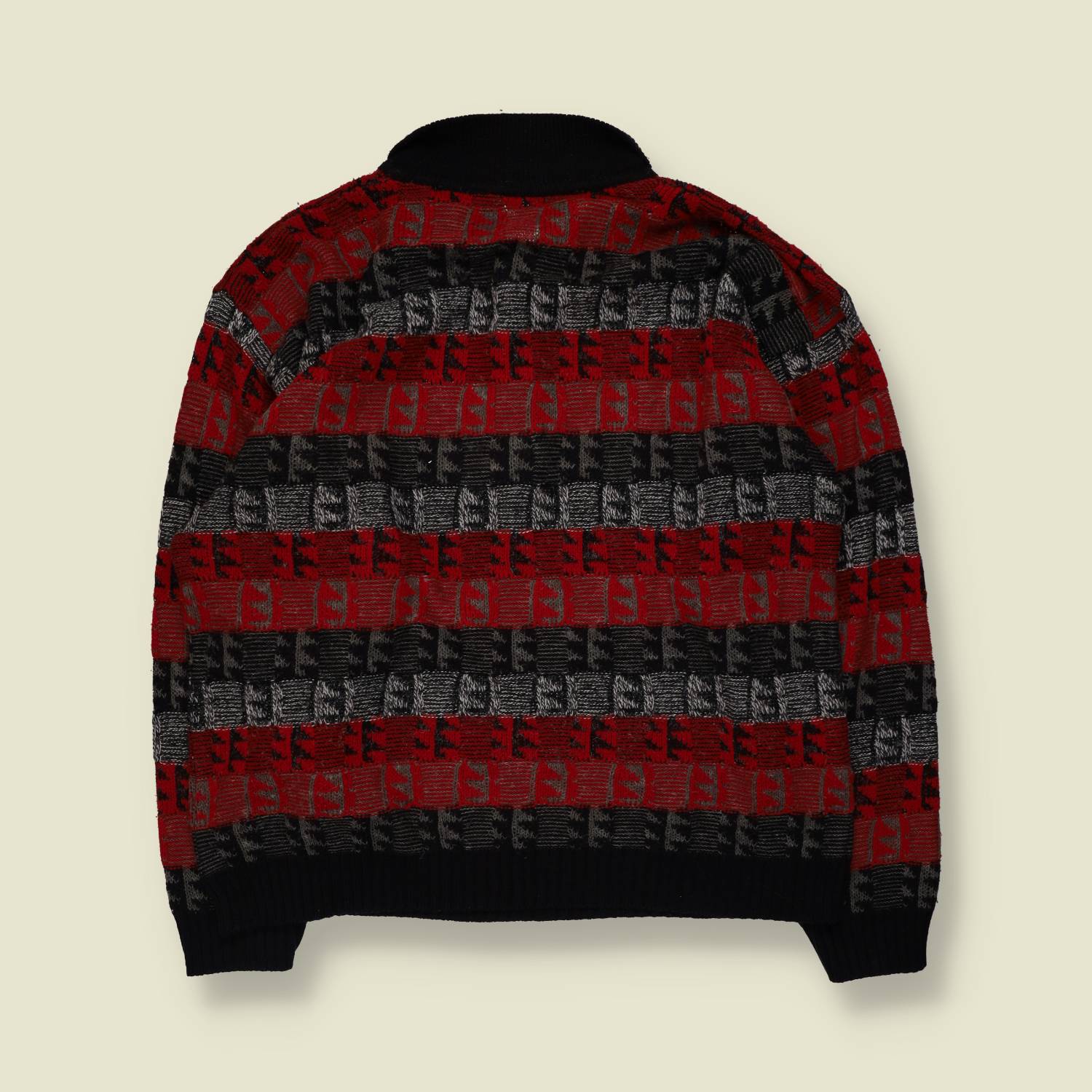 1980s | Textured Pattern Polo Jumper | Red/Black - XL