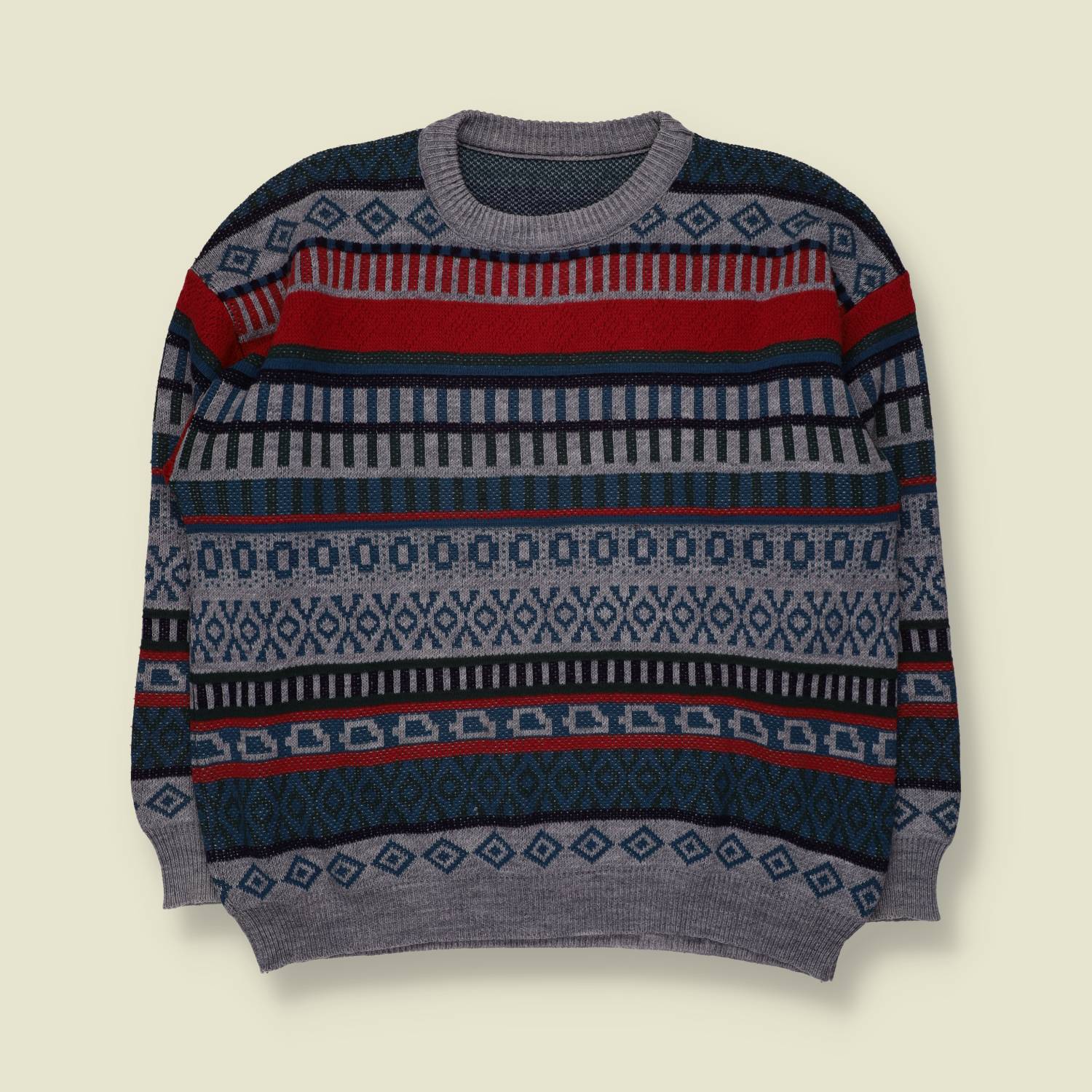 1980s | Unbranded | Wool Blend Aztec Pattern Knit Jumper | Grey Multi - XXL