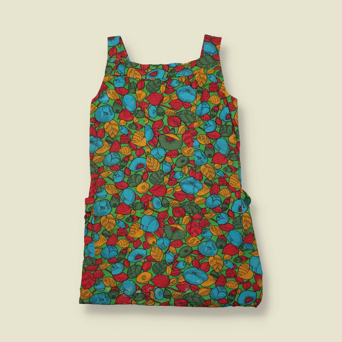 1970s | Botanical Print Pinafore Dress | Green, Red & Blue - 10