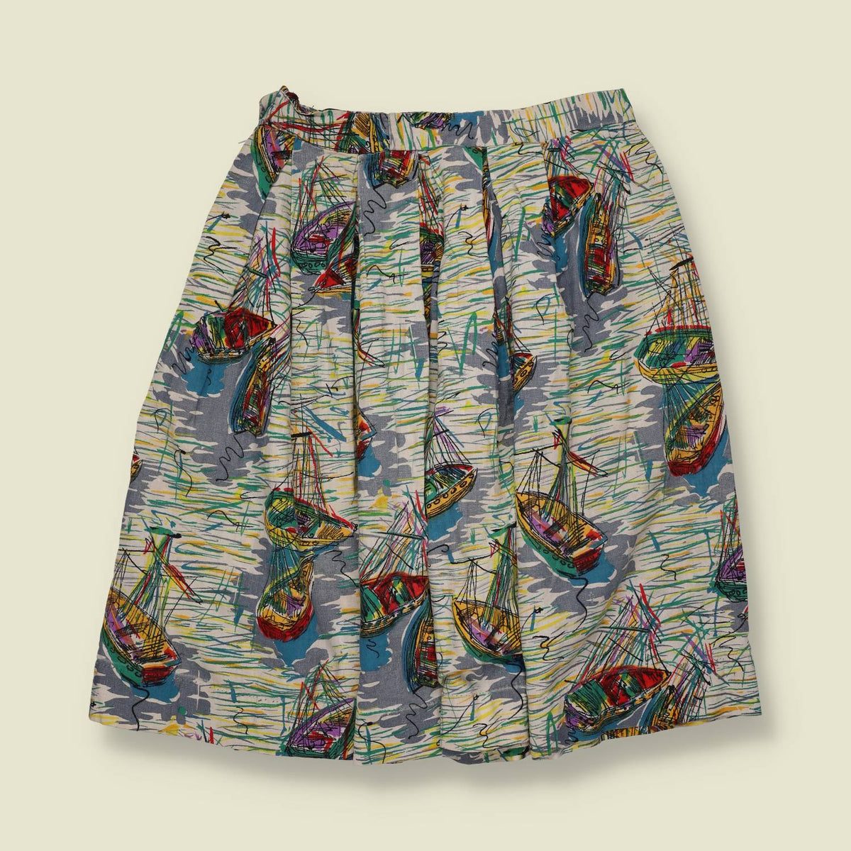 1950s | Novelty Sailboat Print Skirt | Multi-Colour - w26