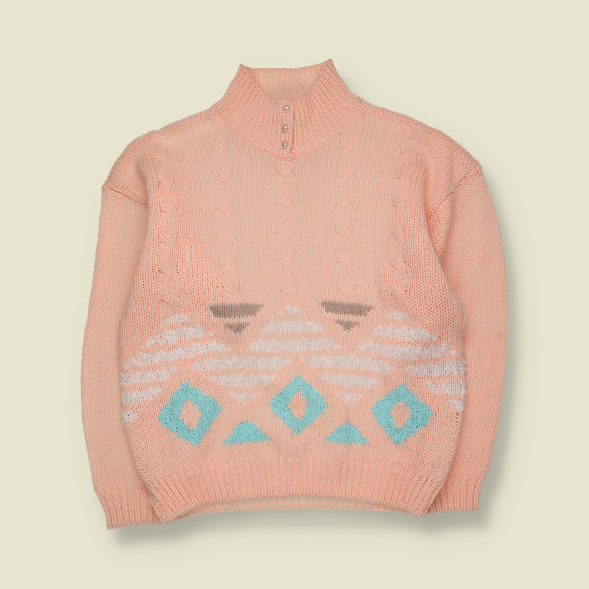 1980s | Spice of Life | Geometric Pattern Button Neck Knit Jumper | Peach Pink - 14