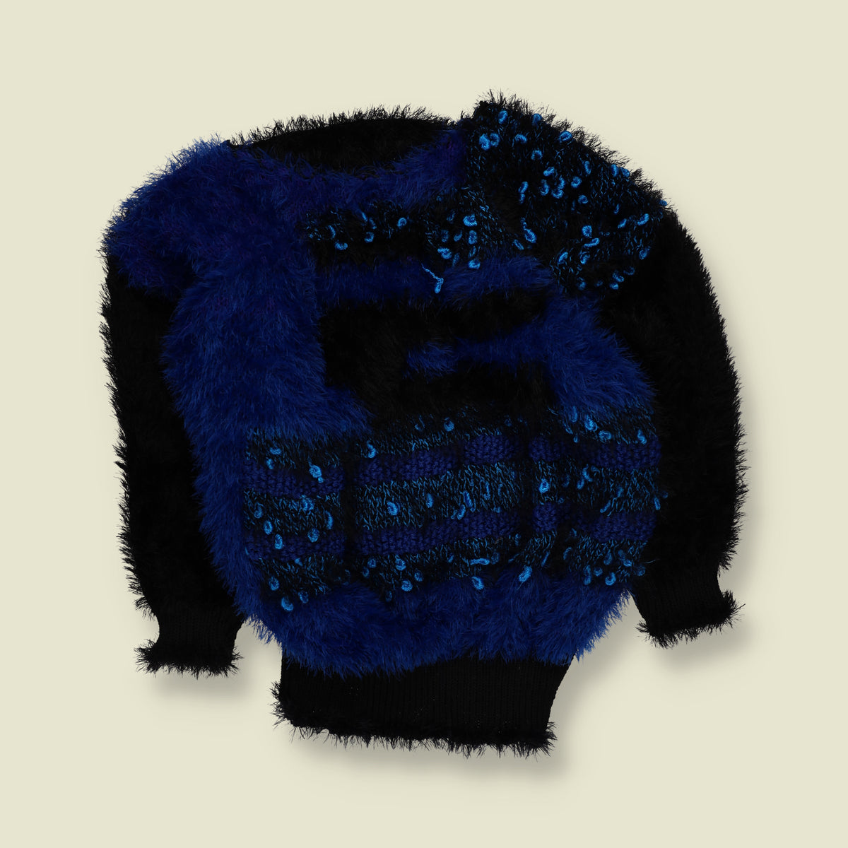 1980s | Fluffy Eyelash & Textured Knit Jumper | Royal Blue & Black - 14