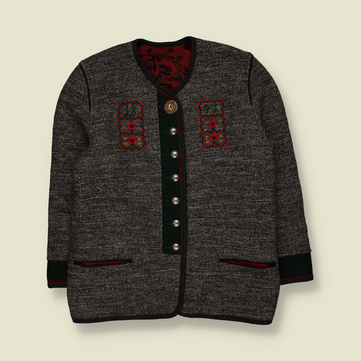 1980s | Embroidered Folk Art Knit Cardigan | Grey, Green & Red - 16