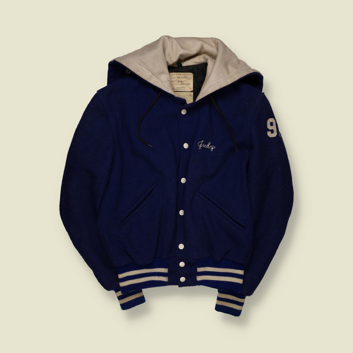 1990s | DeLong | Hooded Wool Blend Varsity Jacket | Navy Blue & Cream - 16