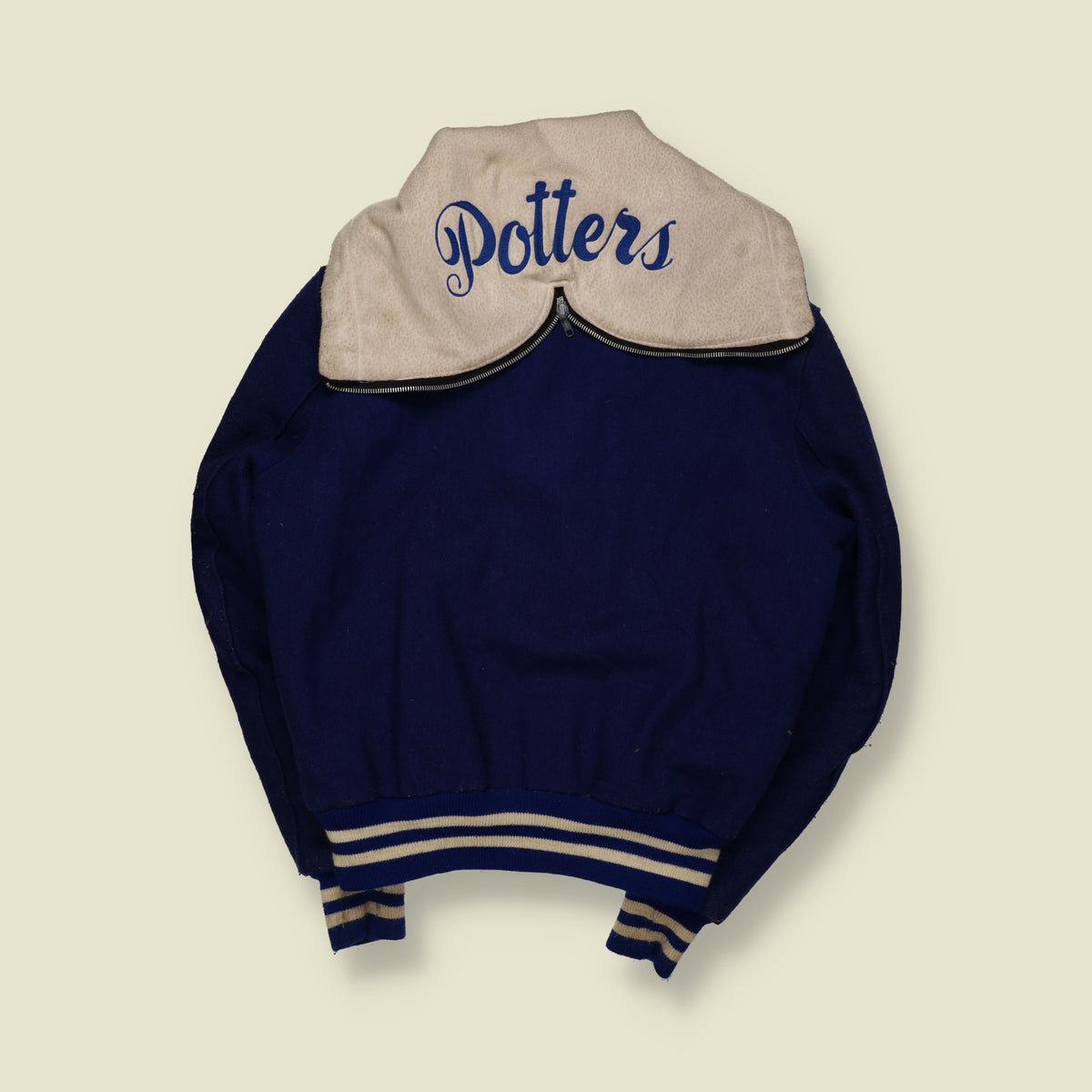1990s | DeLong | Hooded Wool Blend Varsity Jacket | Navy Blue & Cream - 16