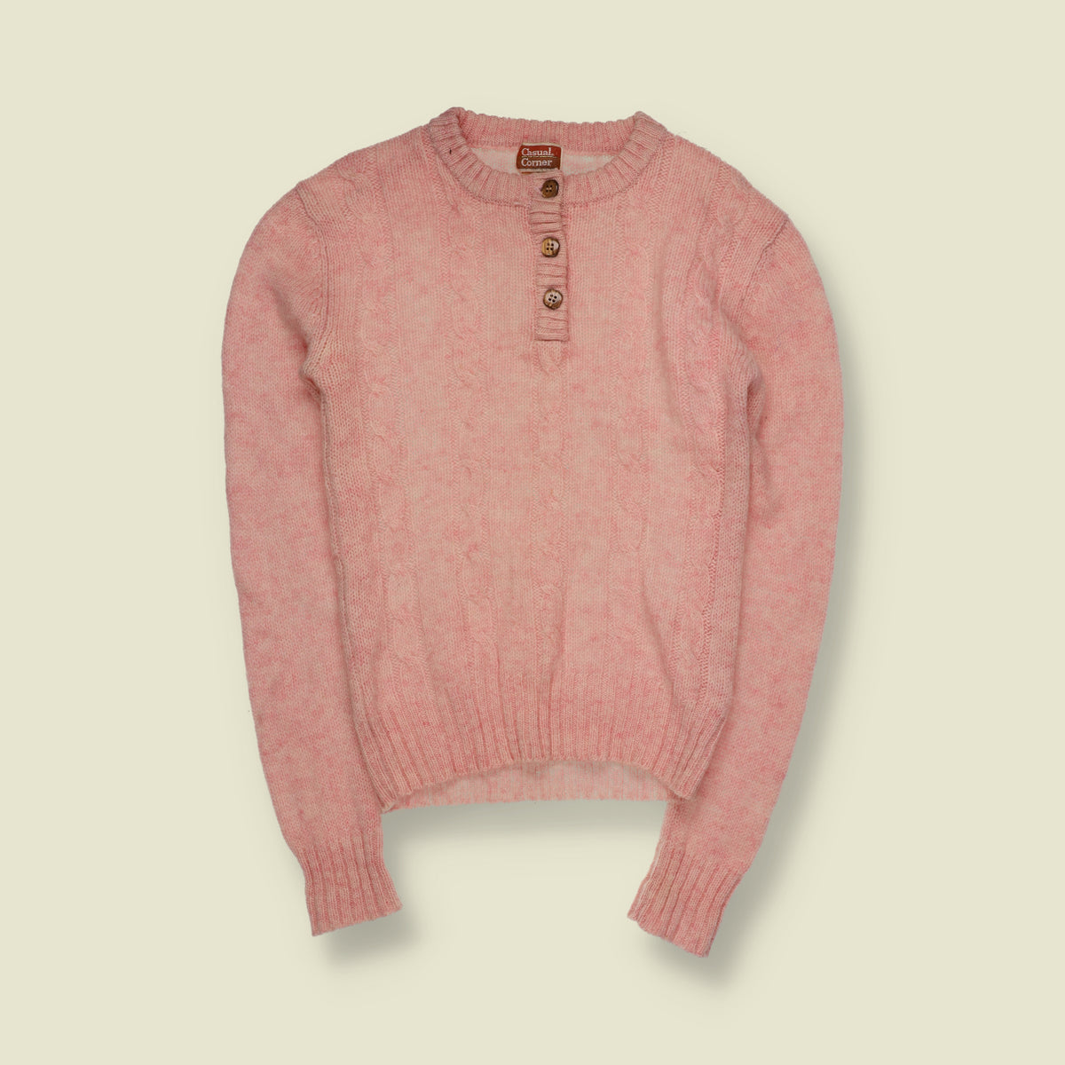 1970s | Casual Corner | Shetland Wool Cable Knit Button Neck Jumper | Pink - 4