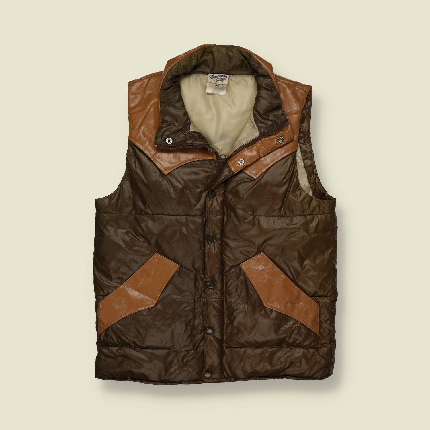 1970s | California T-Shirts | Western Down Gilet | Brown With Leather Trim – XS
