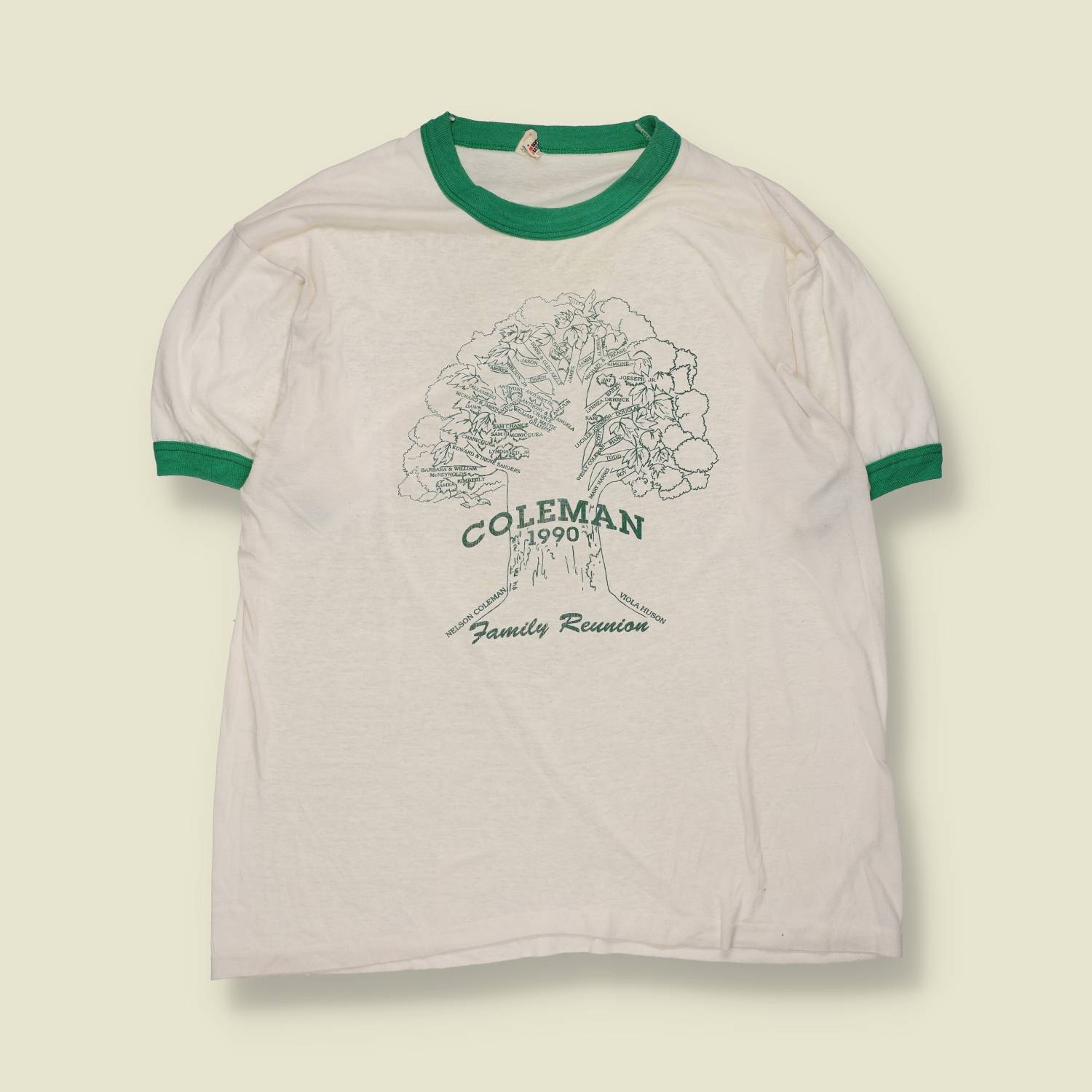 1990s | Screen Stars | Coleman Family Reunion Ringer T-Shirt | White / Green trim – L