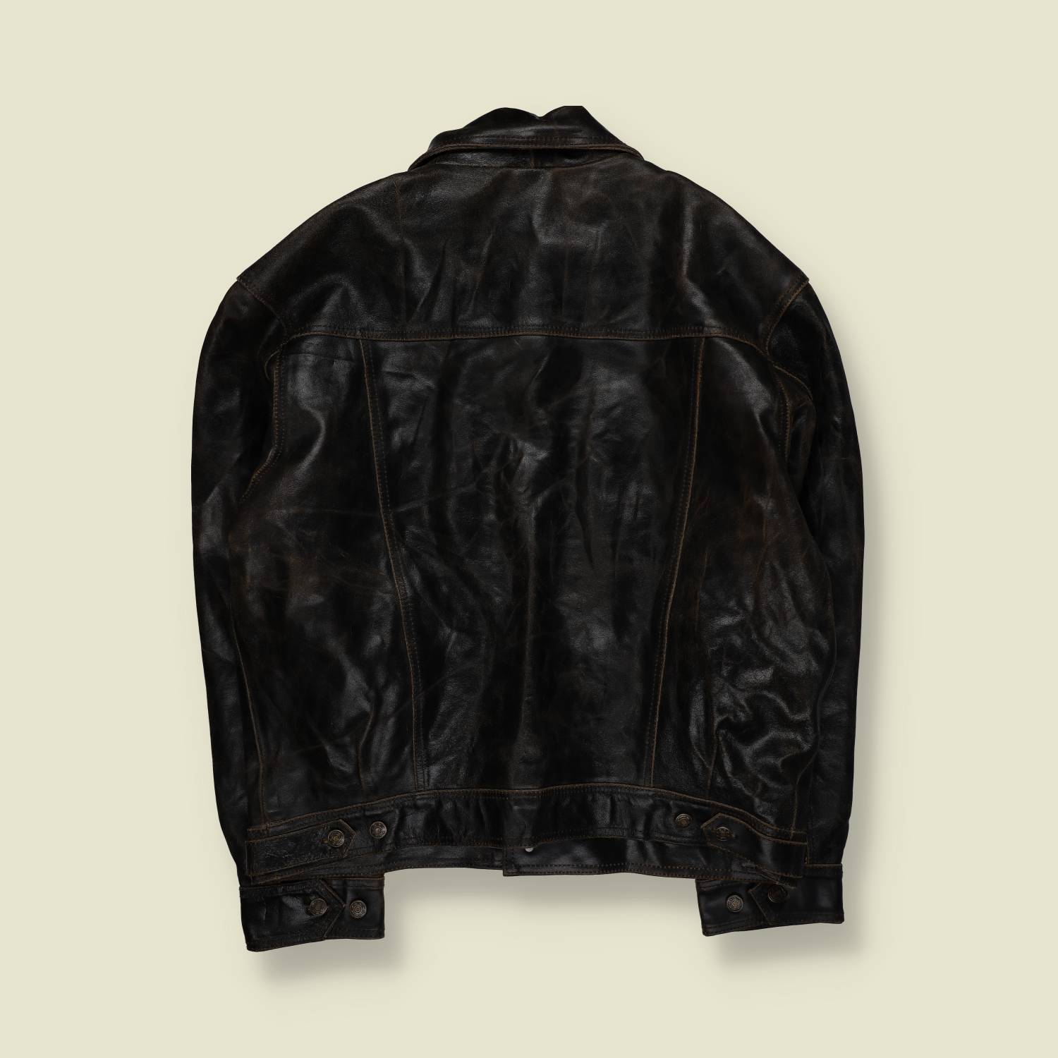 1990s / Early 2000s | Stars & Stripes | Heavy Leather Trucker Jacket | Black - XXL