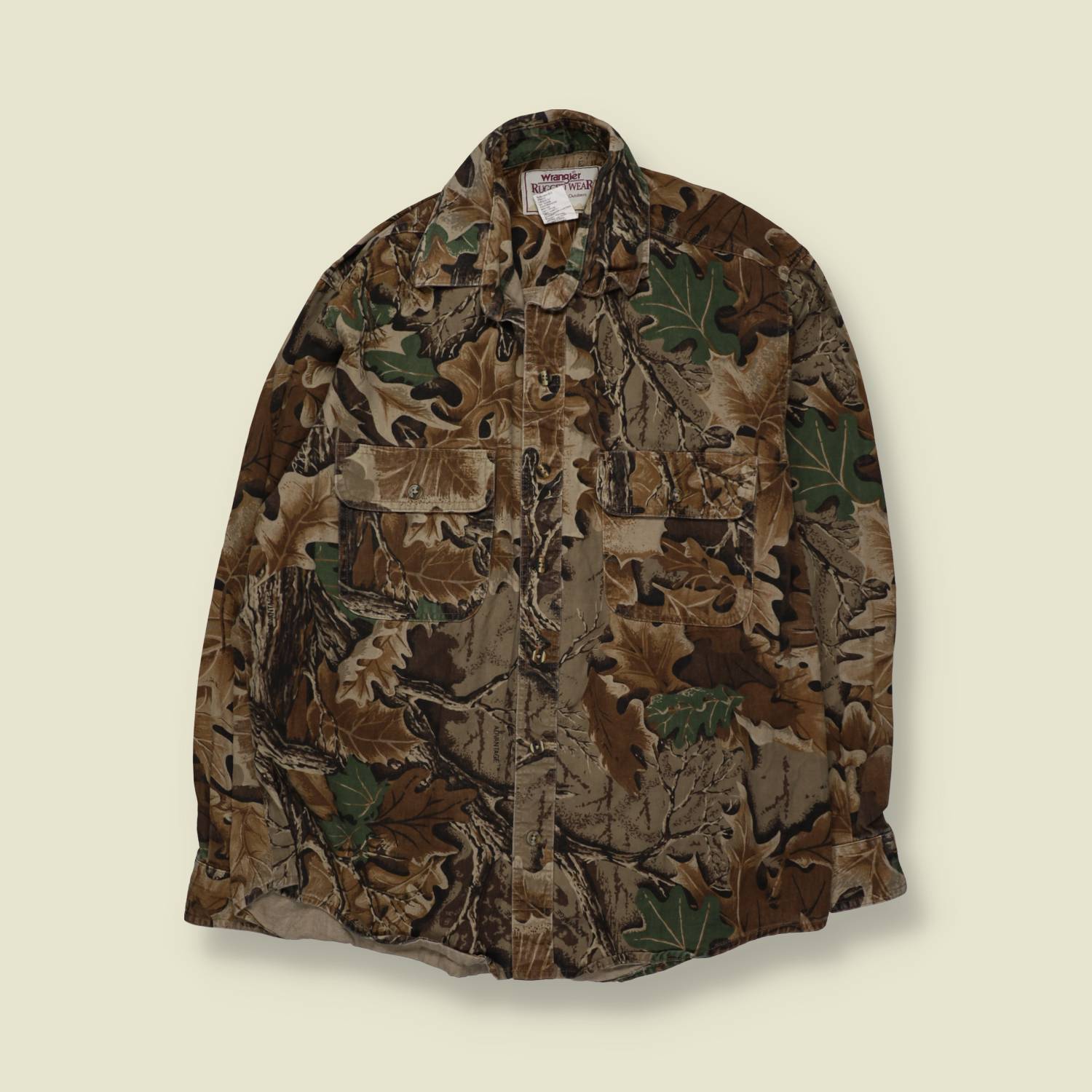 1990s | Wrangler Rugged Wear | Camo Hunting Work Shirt | Woodland Leaf Print – XXL