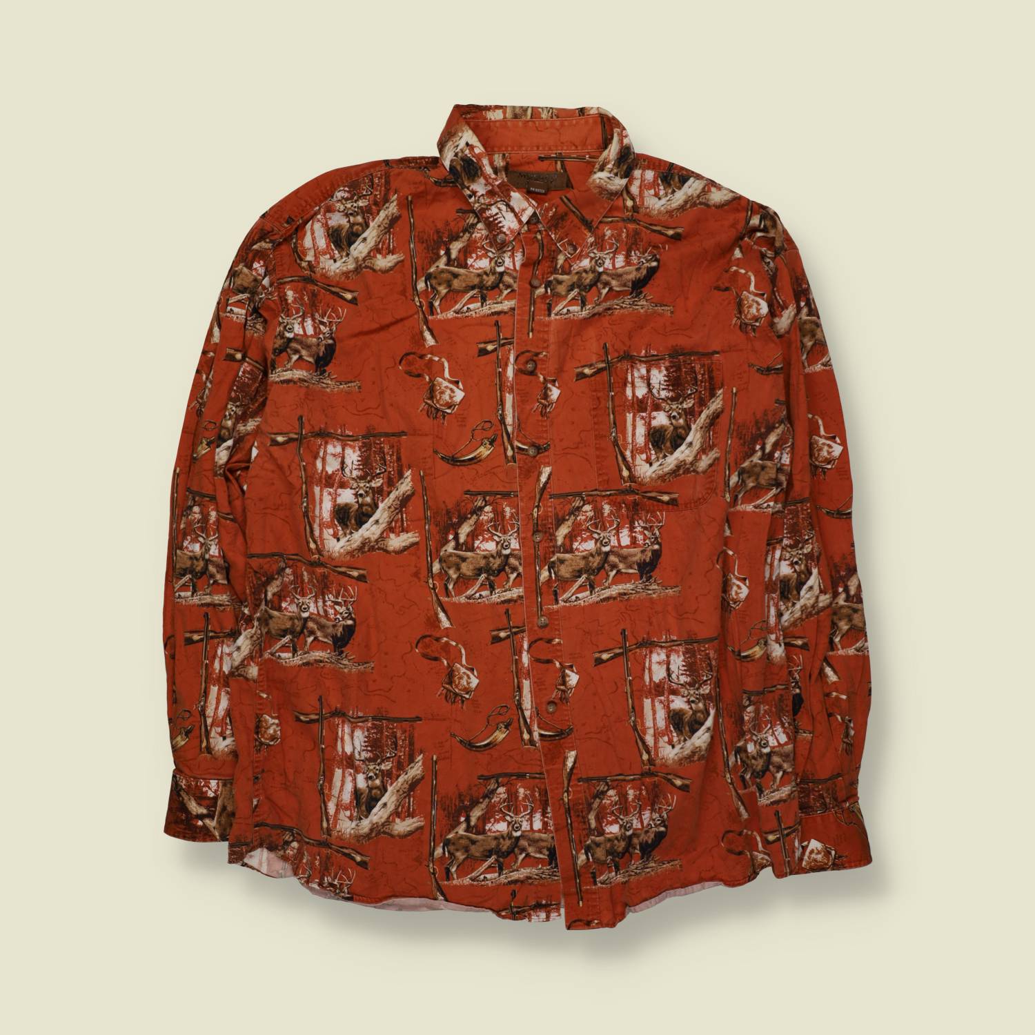 1990s | Morgan Creek | Hunting Print Cotton Shirt | Rust Red Deer Scene – XL