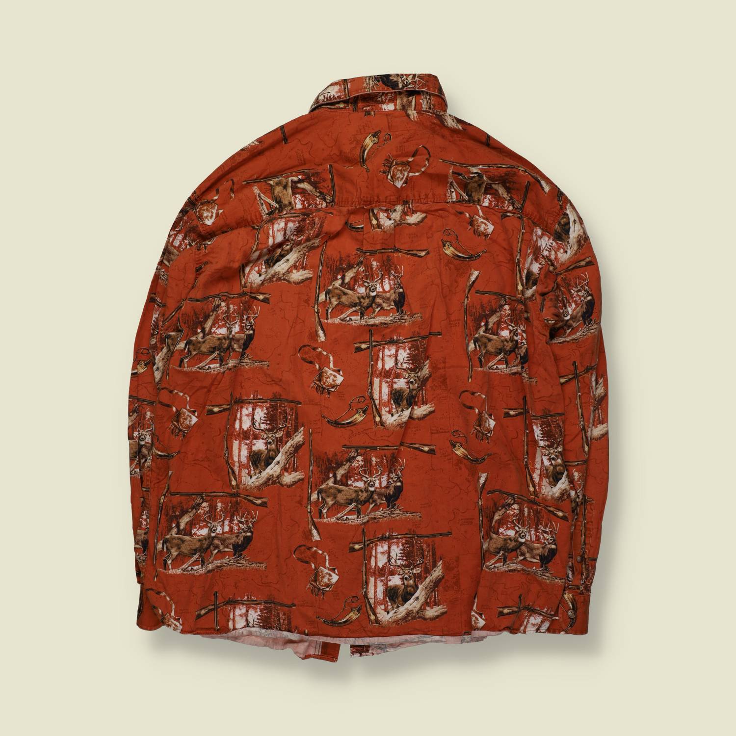 1990s | Morgan Creek | Hunting Print Cotton Shirt | Rust Red Deer Scene – XL