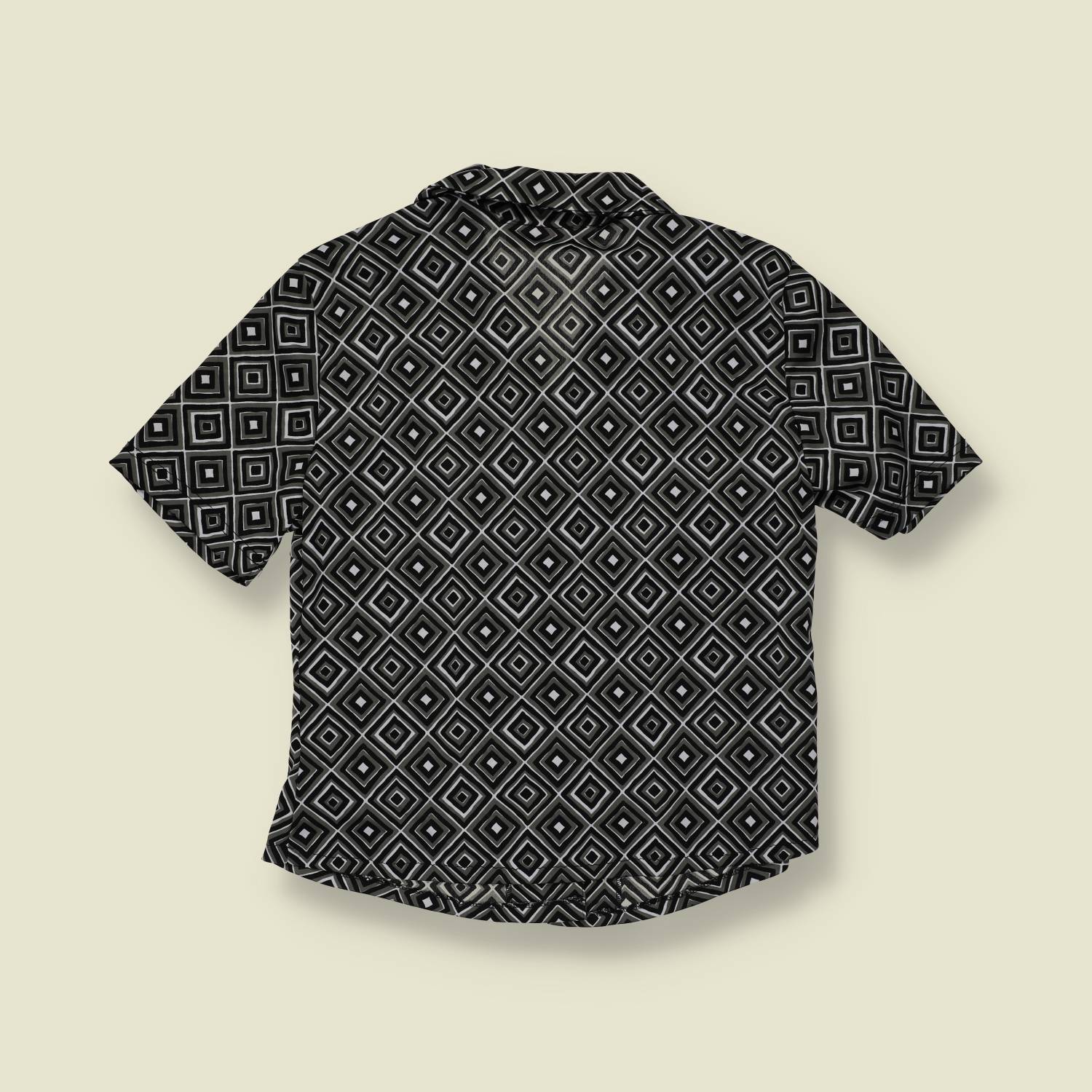 1990s | Foxy | Black and White Geometric Diamond Print Poly Blouse - 10