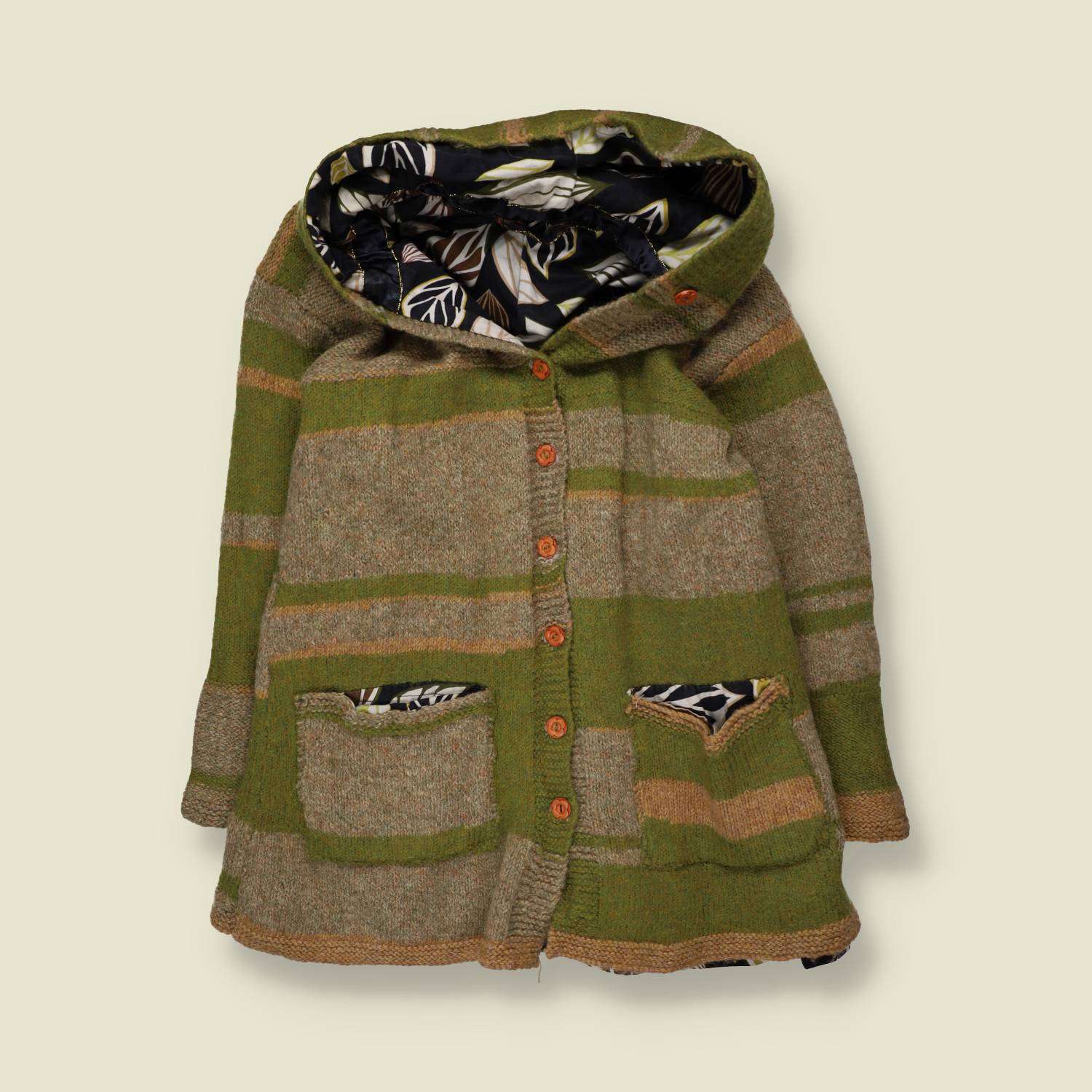 2000s | Green Stripe Hooded Button Festival Knit Jacket with Printed Lining - 14