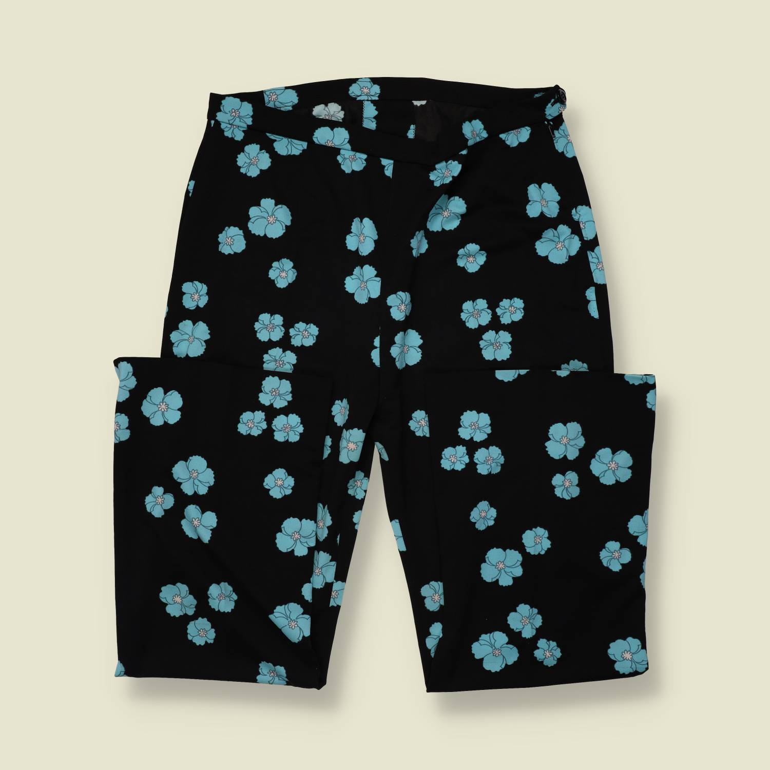 1970s | Black and Blue Floral Print Palazzo Trousers - w32