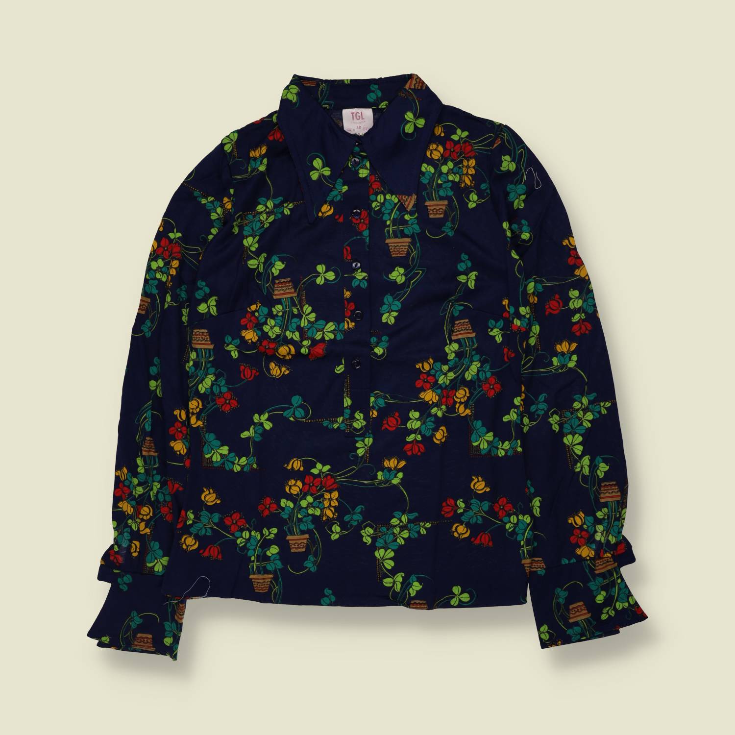 1970s | TGL | Navy Potted Plant Print Cotton Vincel Blouse - Deadstock - 8