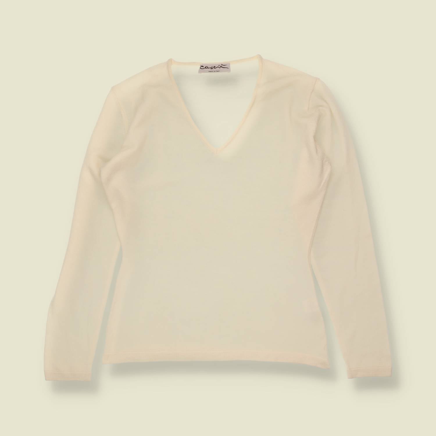 1990s | Cascia | Cream V-Neck Merino Knit Top - Made in Italy - 10