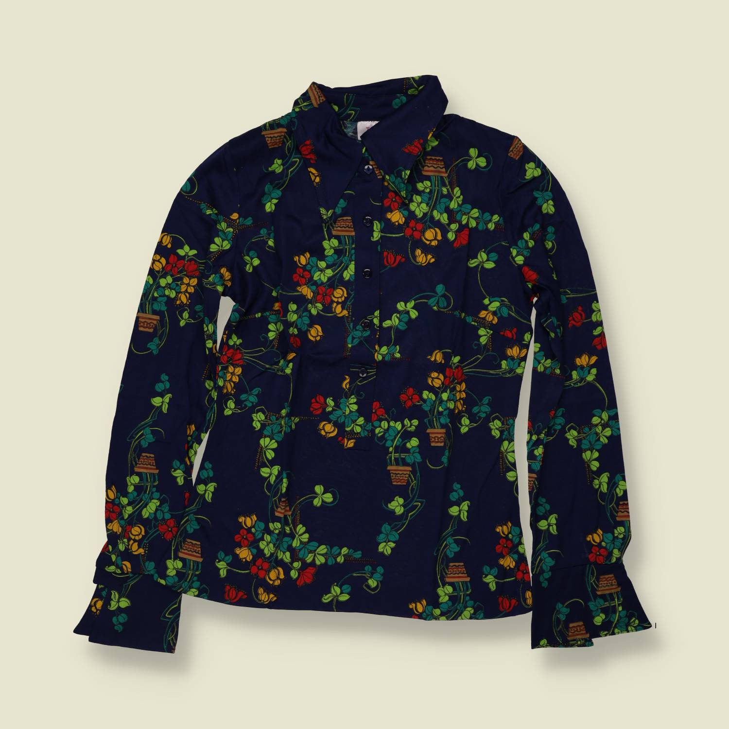 1970s | TGL | Navy Floral Print Blouse - Deadstock - 10