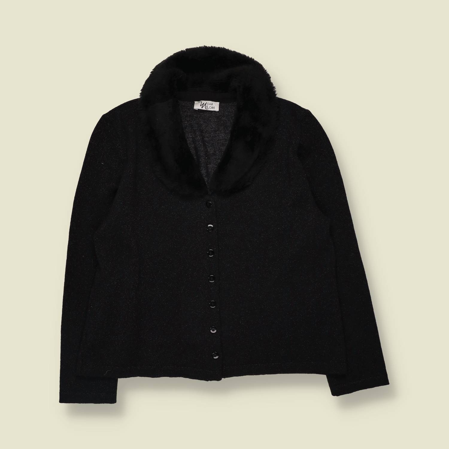 1990s | Wear More | Black Faux Fur Collar Knit Cardigan - 12