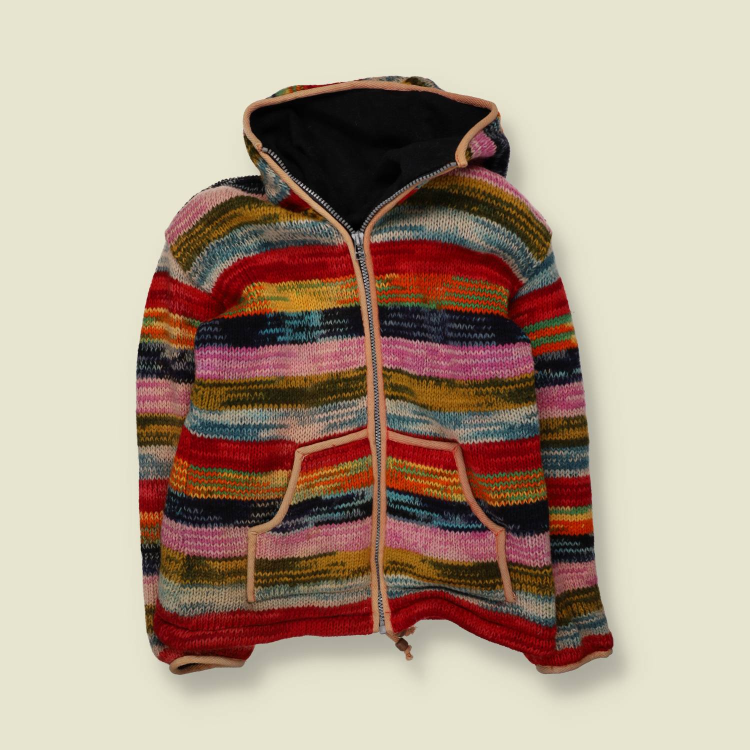 1990s – 2000s | Multicolour Space-Dye Stripe Festival Hooded Zip Knit Jacket - Made in Nepal - 18