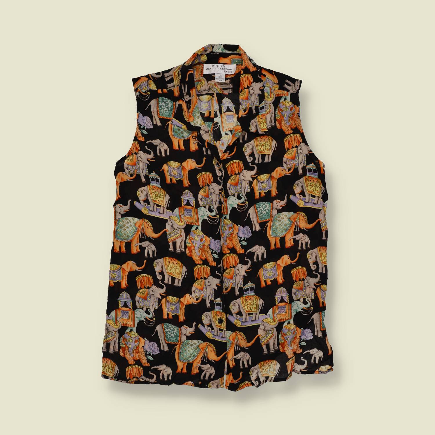1990s | Isrida Silk Collection Paris | Ceremonial Elephant Print Silk Blouse - 12
