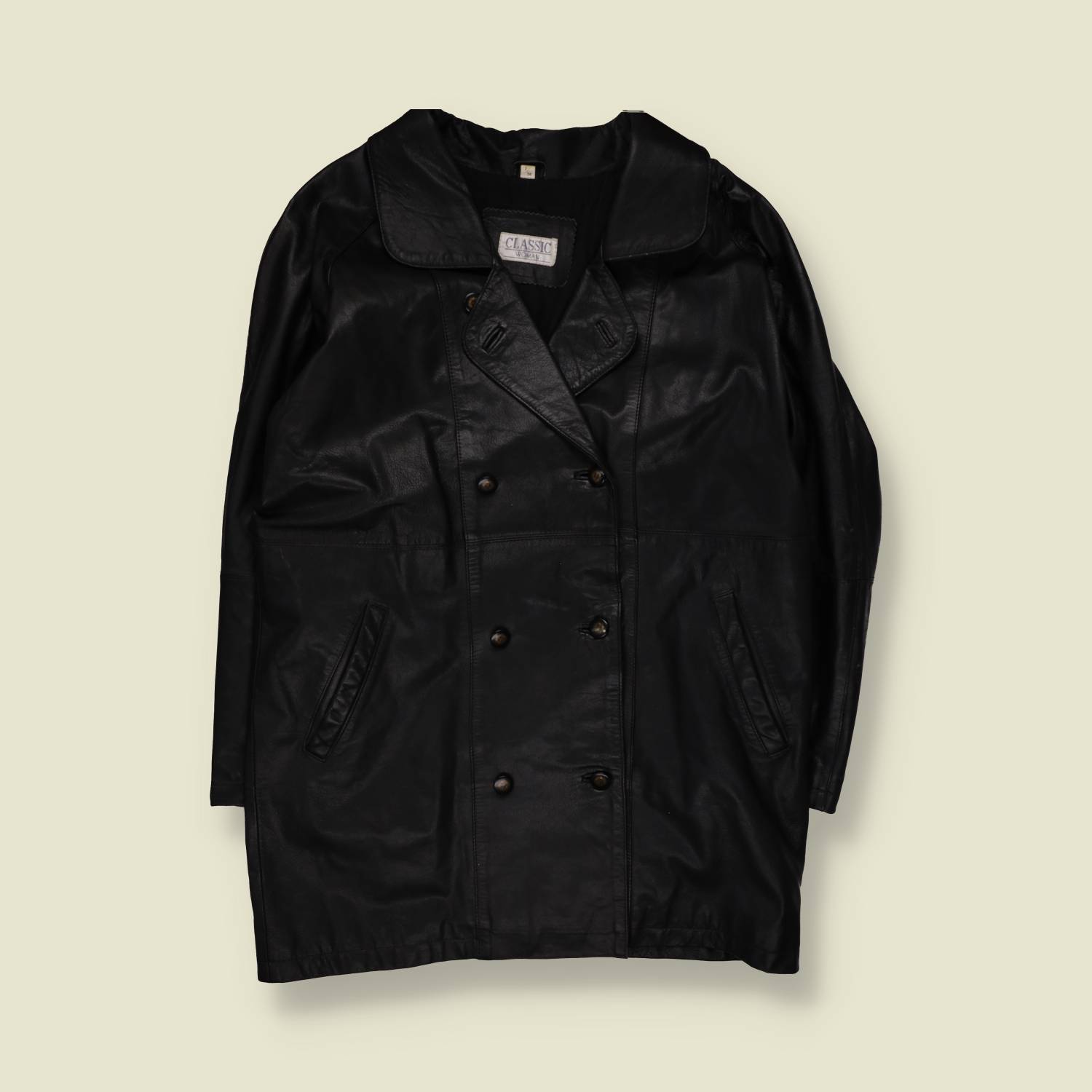 1990s | Classic Wear | Double Breasted Leather Coat | Black - 16